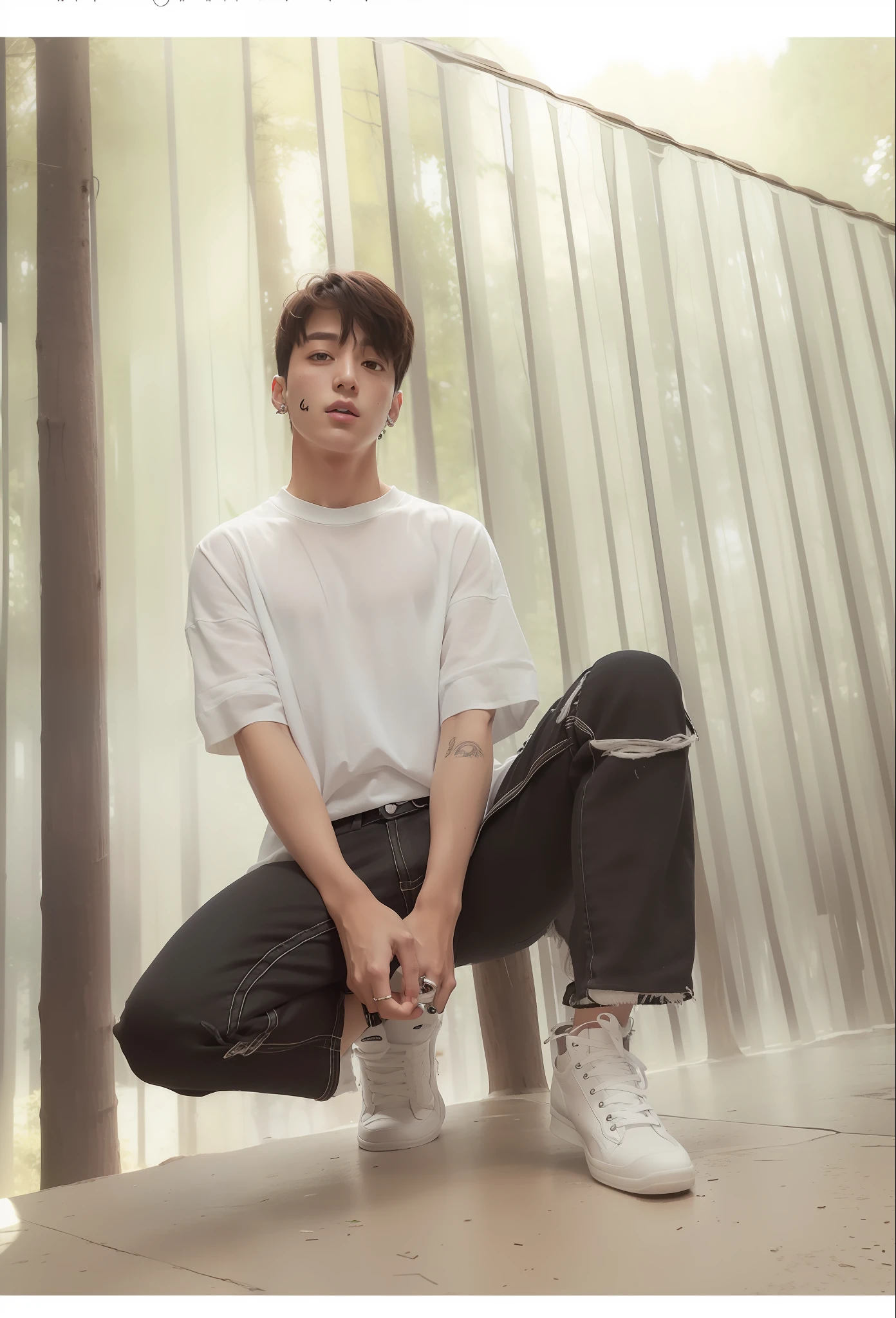 Jungkook dressed in black jeans and transparent white T-shirt. It's in a forest