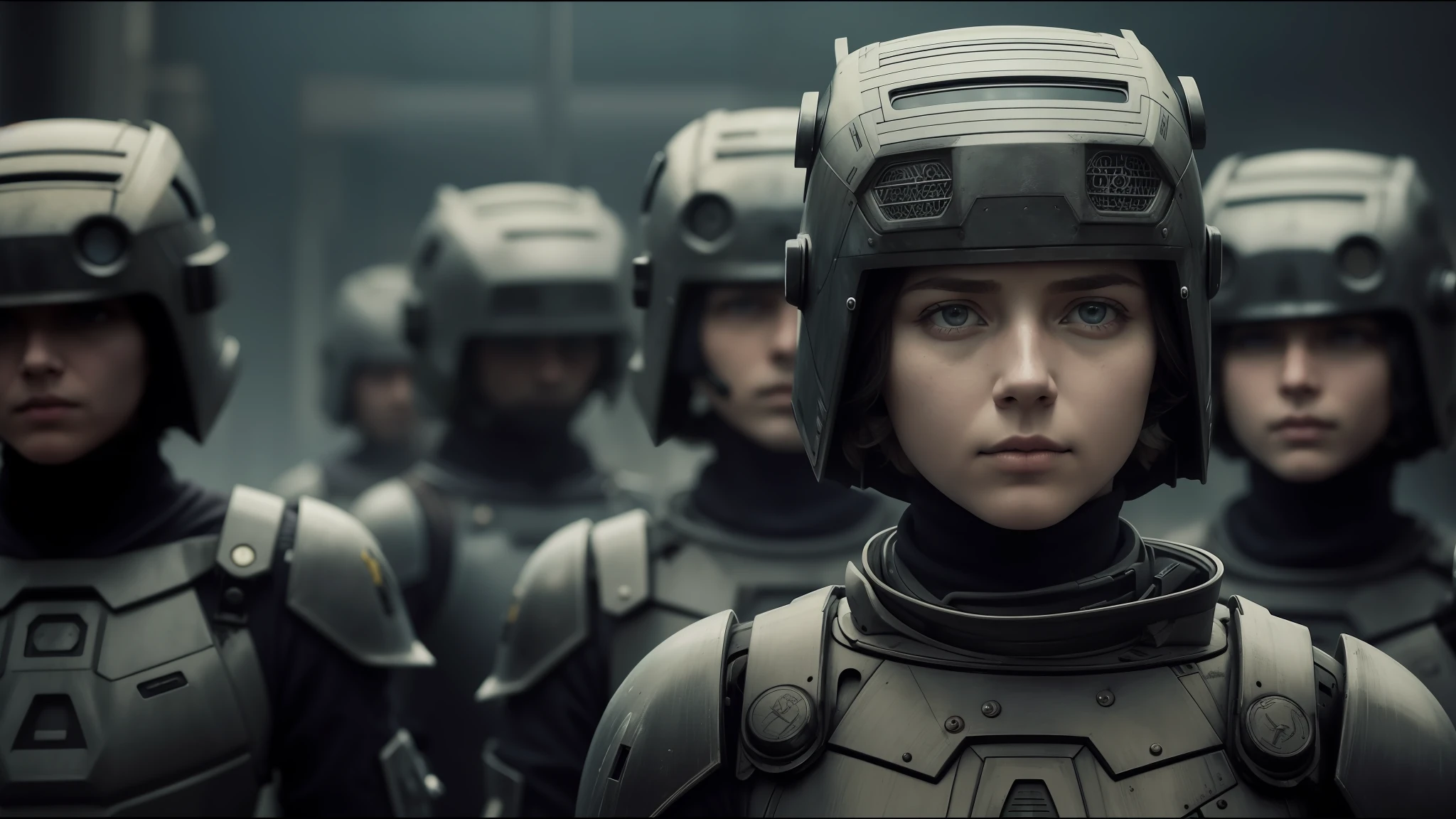 there are many people in futuristic suits with helmets on, style of seb mckinnon, cinematic stillframe, portrait of soldier girl, by Peter Madsen, workers, realistic mechanical details, corrected faces, production photo, by Władysław Podkowiński, matriarchy, zdzidaw