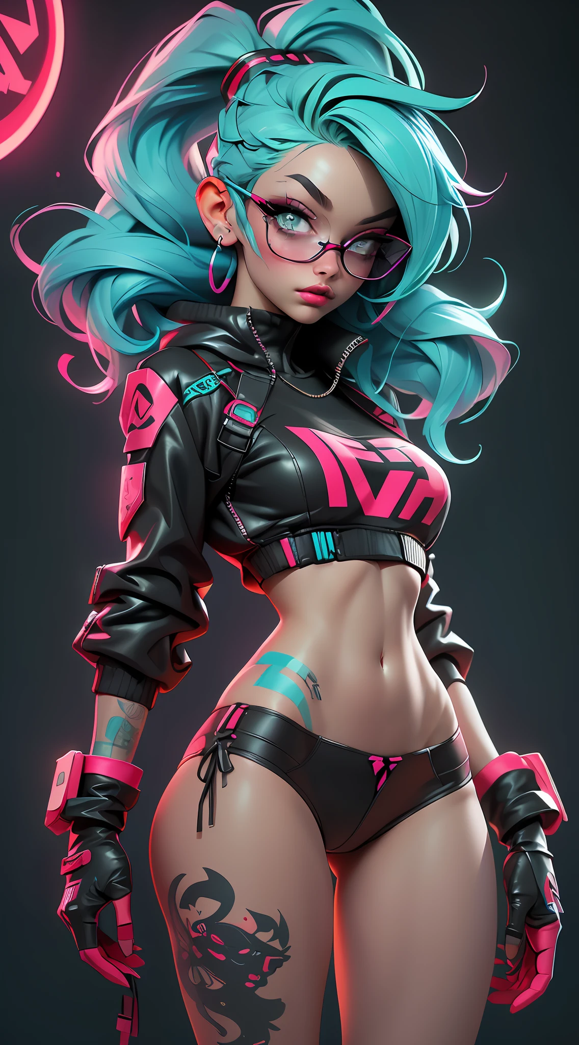 ((Best Quality)), ((Masterpiece)), ((Realistic)) and ultra-detailed photography of a 1nerdy girl with goth and neon colors. She has ((turquoise hair)), wears a (tech-wear top) and a (black thong, red pattern:1.2) , ((beautiful and aesthetic)), sexy, under-boobs, hot