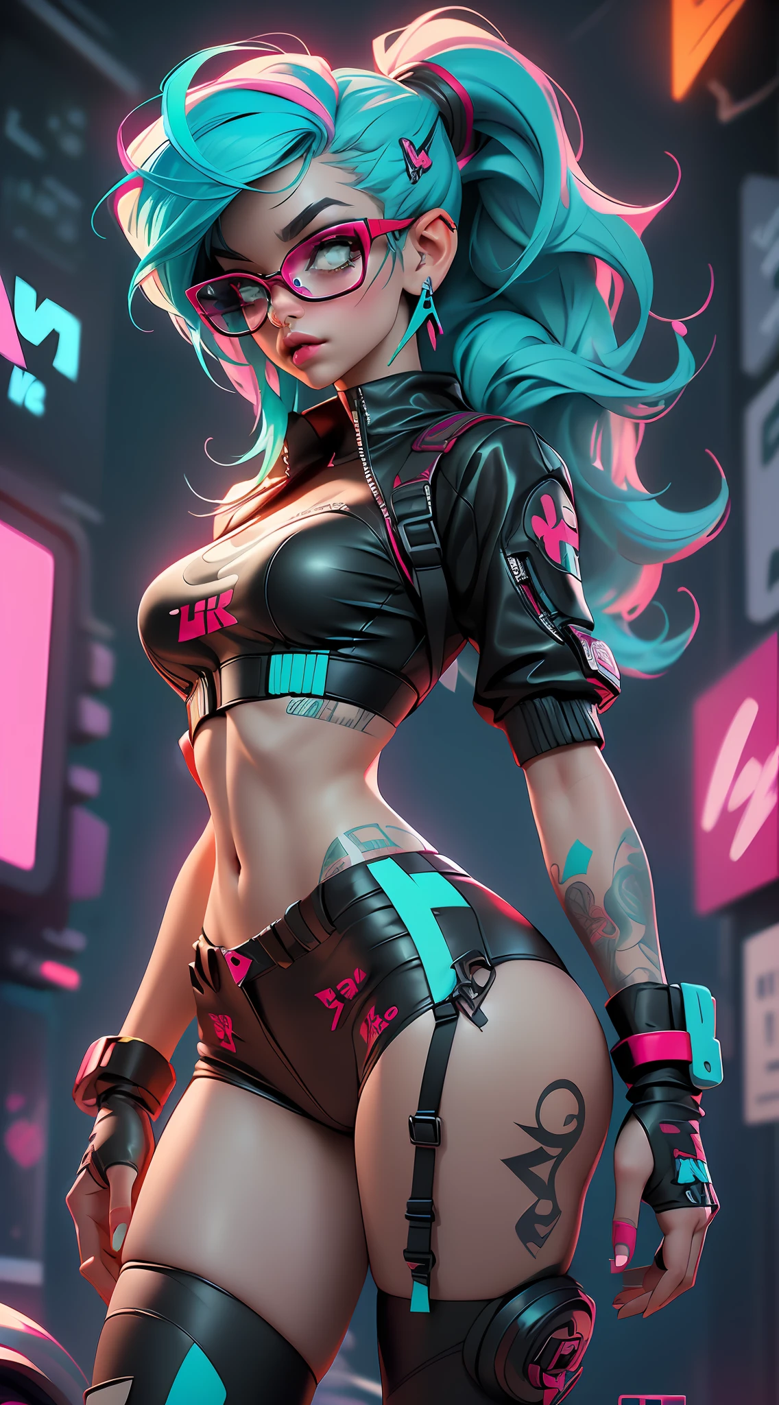 ((Best Quality)), ((Masterpiece)), ((Realistic)) and ultra-detailed photography of a 1nerdy girl with goth and neon colors. She has ((turquoise hair)), wears a (tech-wear top) and a (black thong, red pattern:1.2) , ((beautiful and aesthetic)), sexy, under-boobs, hot