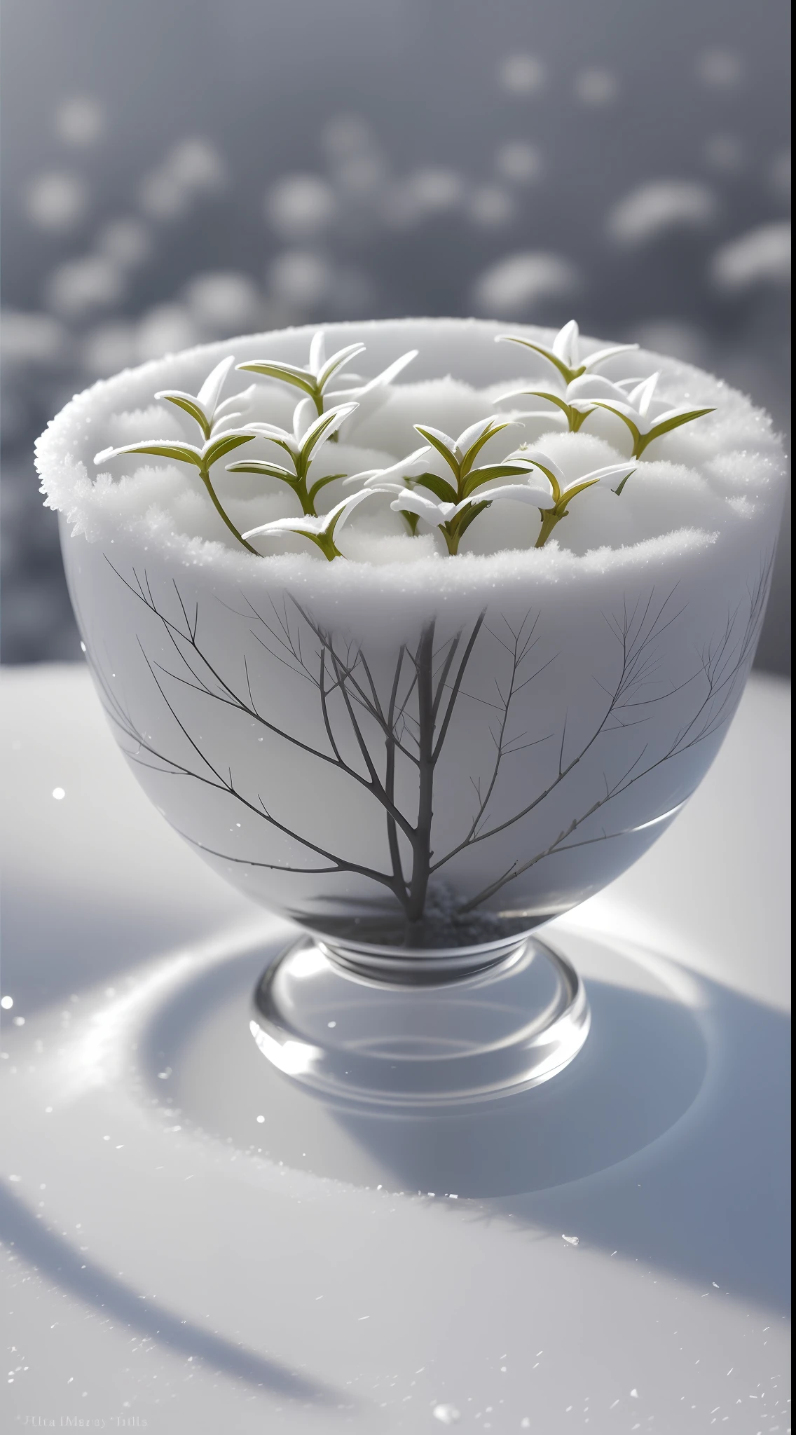 (Winter, Still Life, Ultra Fine Detail, Intricate Detail, Ultra Detailed Detail, Surrealism, Subsurface Scattering, Shallow Depth of Field, Sub-Caustic Scene) Sharp Cold Plum, Wind and Frost, Soft Light Lingering, Ice and Snow Wind, Flowers Blossoming Shadow, Cangsong Yuanxiu, Rock Pattern, Snow Clear and Foggy, Ivy Surrounded by Ivy, Gray and White World, Light Exploration, Zen.