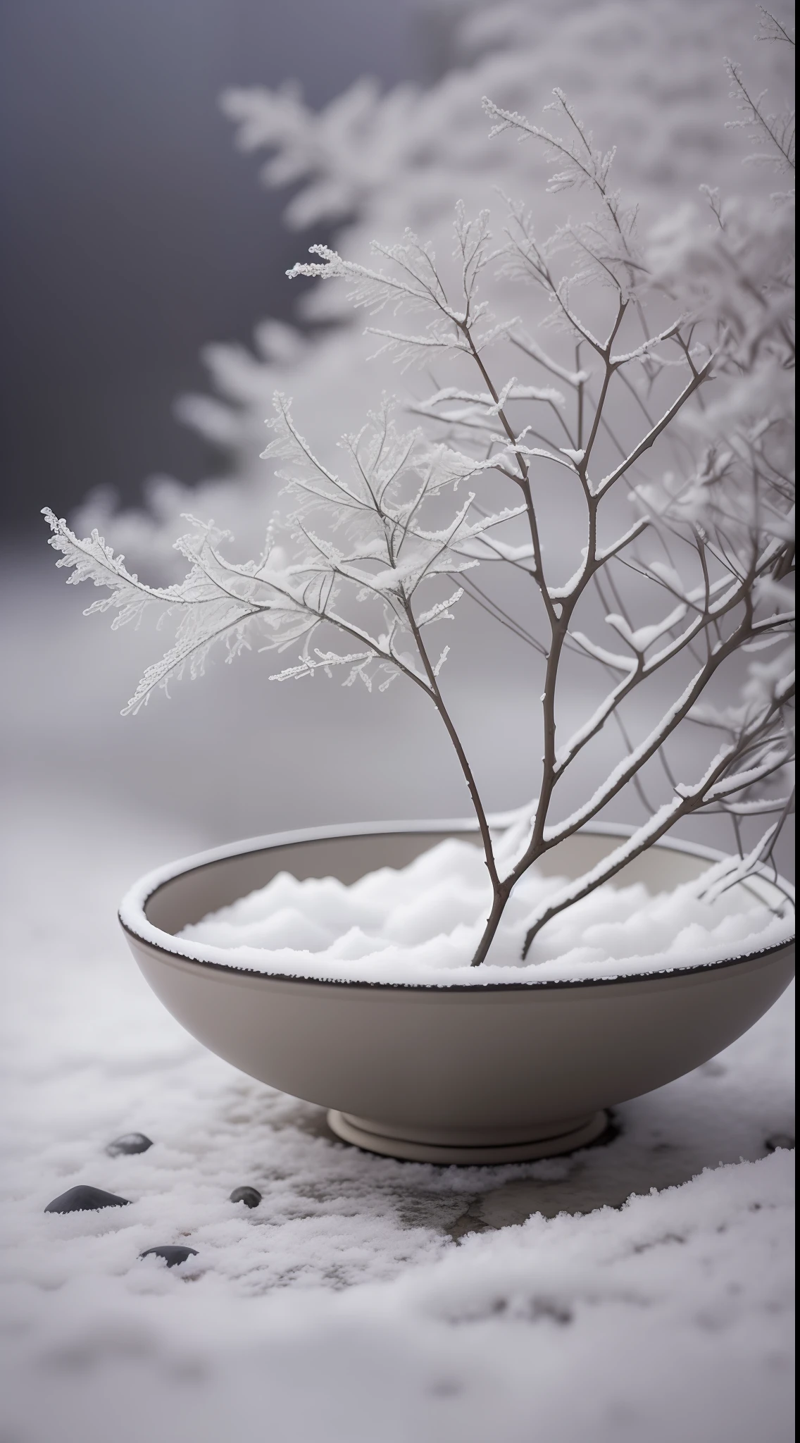 (Winter, Still Life, Ultra Fine Detail, Intricate Detail, Ultra Detailed Detail, Surrealism, Subsurface Scattering, Shallow Depth of Field, Sub-Caustic Scene) Sharp Cold Plum, Wind and Frost, Soft Light Lingering, Ice and Snow Wind, Flowers Blossoming Shadow, Cangsong Yuanxiu, Rock Pattern, Snow Clear and Foggy, Ivy Surrounded by Ivy, Gray and White World, Light Exploration, Zen.