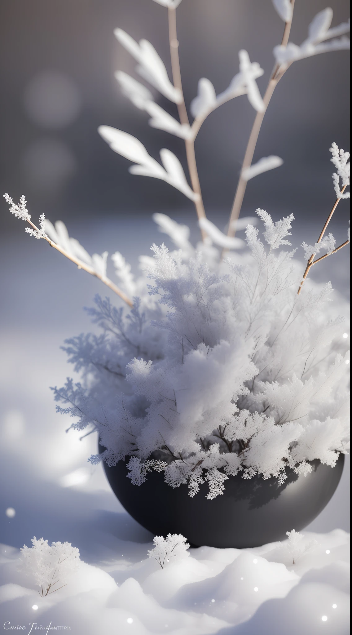 (Winter, Still Life, Ultra Fine Detail, Intricate Detail, Ultra Detailed Detail, Surrealism, Subsurface Scattering, Shallow Depth of Field, Sub-Caustic Scene) Sharp Cold Plum, Wind and Frost, Soft Light Lingering, Ice and Snow Wind, Flowers Blossoming Shadow, Cangsong Yuanxiu, Rock Pattern, Snow Clear and Foggy, Ivy Surrounded by Ivy, Gray and White World, Light Exploration, Zen.