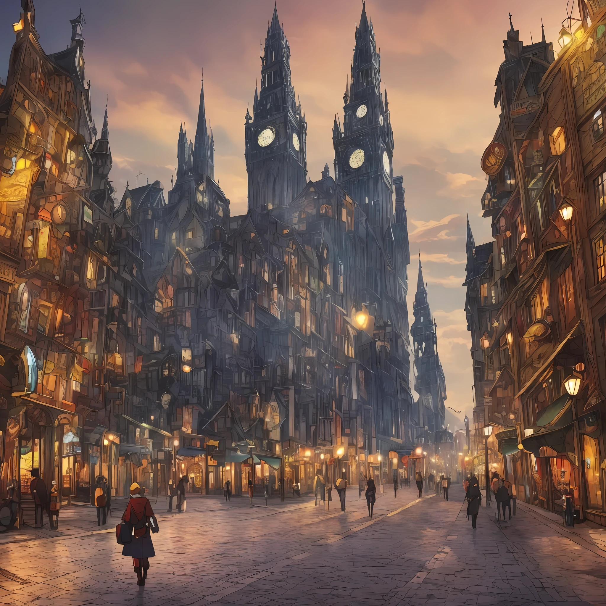 Night scene of a magical medieval city with a clock tower, background art, clock tower, HDR anime concept anime macmanus, stylized urban fantasy art, resonance of destination tower art, background art, neo-gothic concept, dark fantasy city, blood transported art, blood cathedral, city background, blood concept art,  Anor Londo, Clock Tower, Anime Background Art --auto --s2