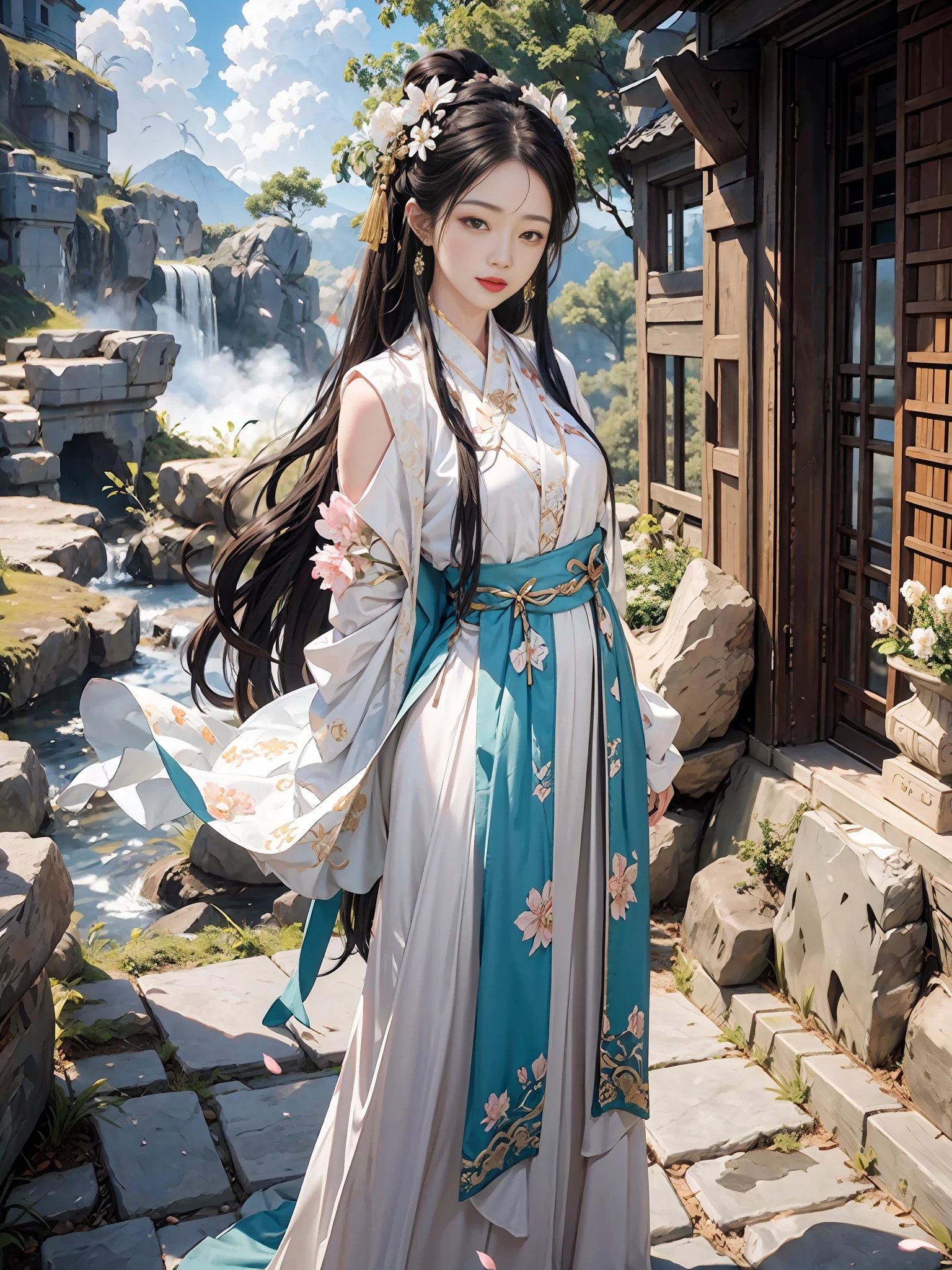 masterpiece,best quality,ancient
art,official art,aesthetic,
1girl, (full body: 1.2),solo, hanfu, dynamic posture,see through cloth, (flower blossom:1.2),jewelry,chinese,long_hair in the cloud,white smoke, misty,cyan mountain, light smile,shy, (arms behind back:1.8), fingers behind back,looking at viewer, Elegant,