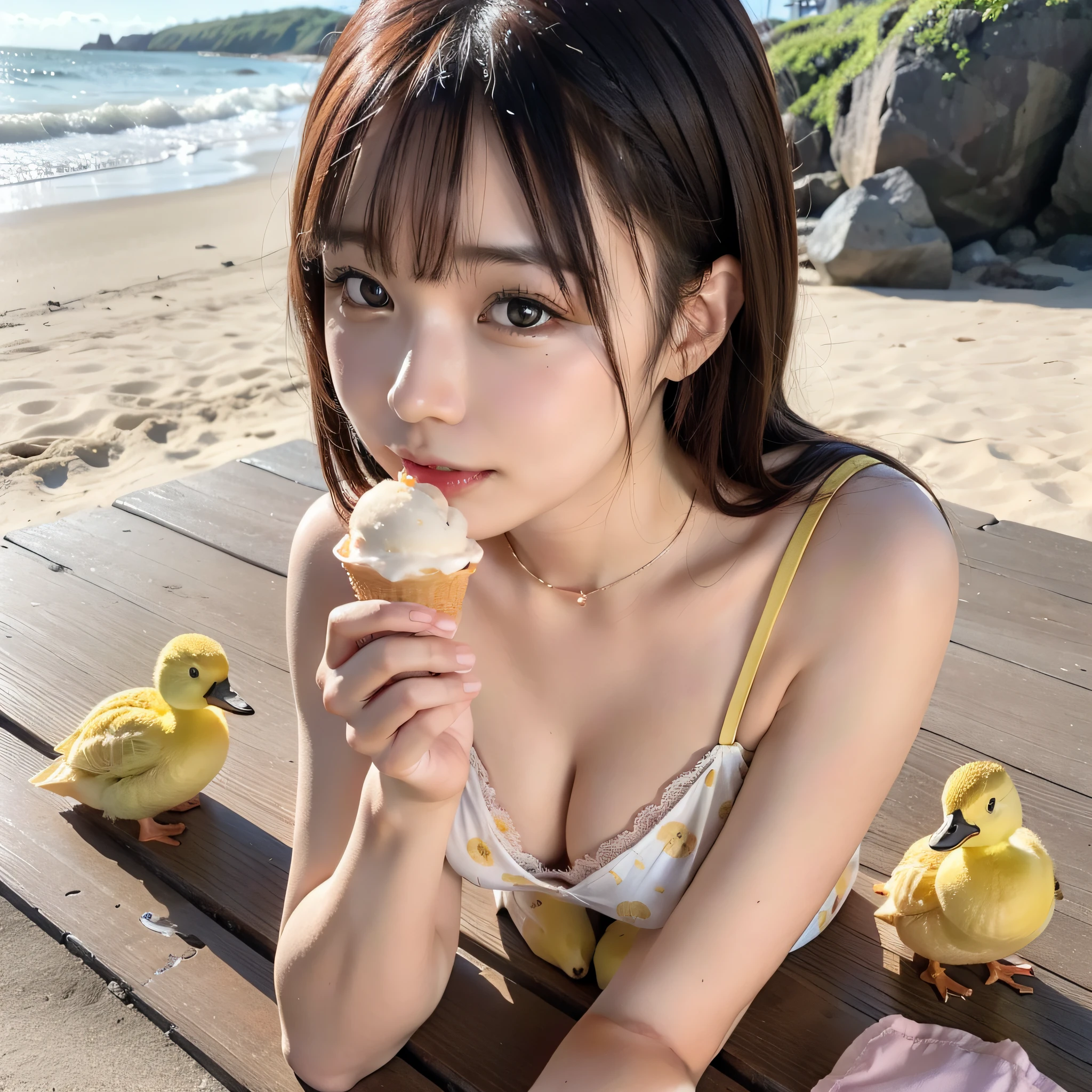 Araffe Japanese model, hyperrealistic, having ice cream next to yellow ducklings on a beach,