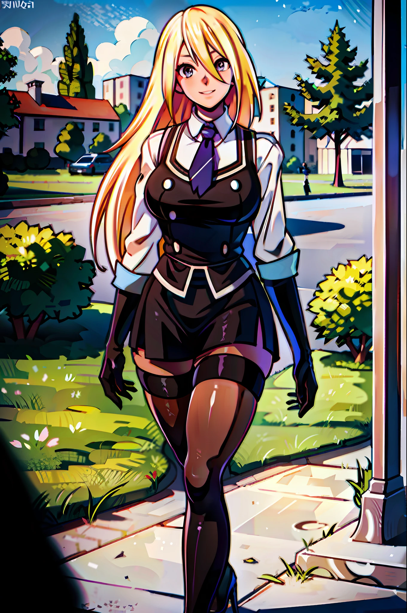 masterpiece, best quality, 1girl, young girl, brown eyes, long blonde hair, happy smile, shiny skin, (nice leg line: 1.3), thick thighs, thin waist, huge breasts
BREAK
school uniform, tie, ((pencil skirt), pantyhose, high heels
BREAK
park, crowd look surprised, depth of field, looking at the viewer, standing, side, upper body, legsupsexms, konosuba