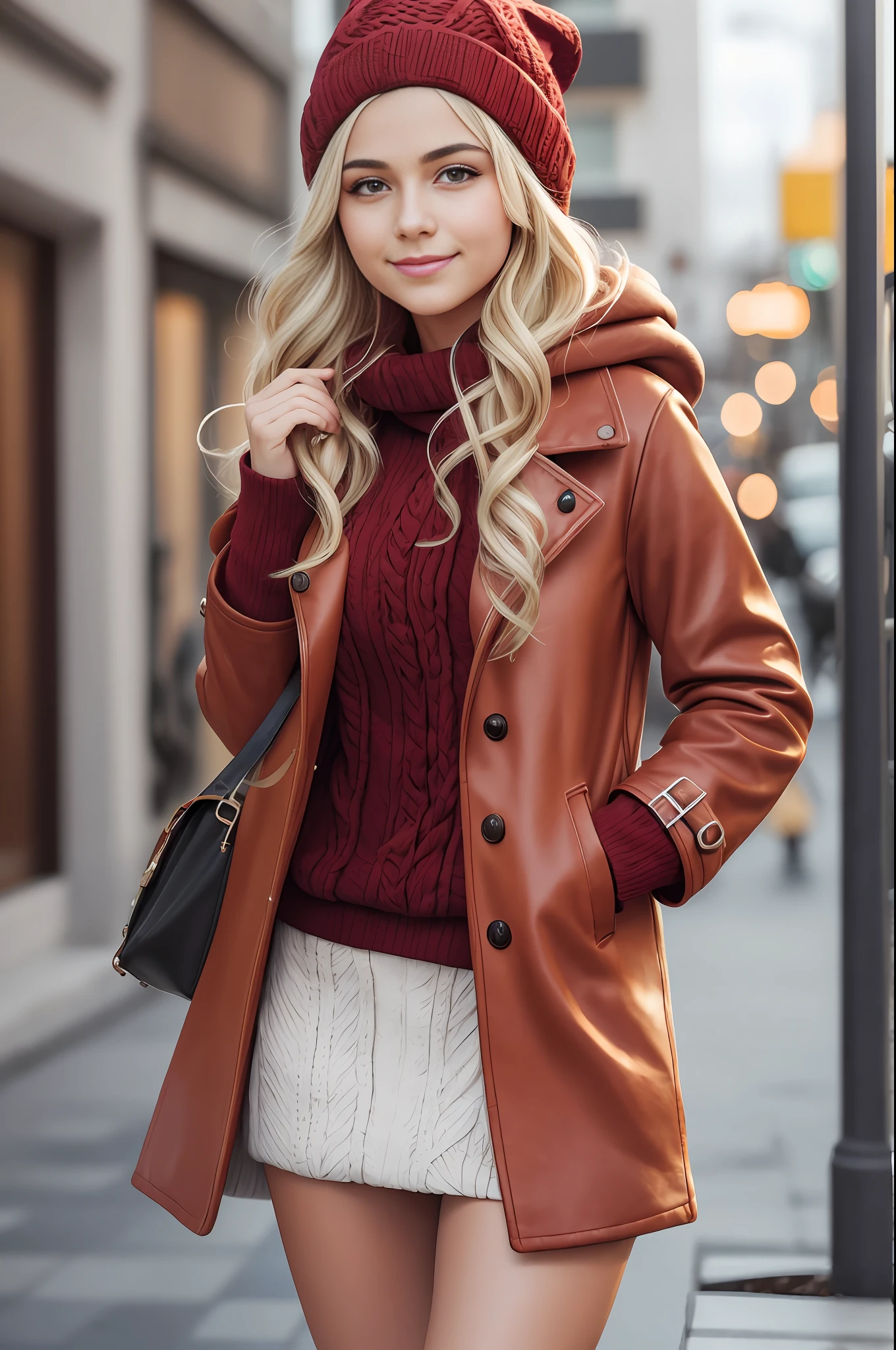 absurdres, RAW photo, highest quality, (masterpiece: 1.3), high detail RAW color photo, professional photo, extremely detailed CG 8k wallpaper unit, photo-realistic, realistic, RAW photo, masterpiece, best quality, highres,
1girl, 19 YEARS OLD, white, blonde hair, wavy, Average length, random hairstyle, beautiful body, thin legs, perfect gorgeous face, beautiful light brown realistic eyes, fair skin, detailed skin texture, very small natural breasts. Smile. She looks amazing. (Red coat, beanie, cold clothing, simple design). Winter in São Paulo.