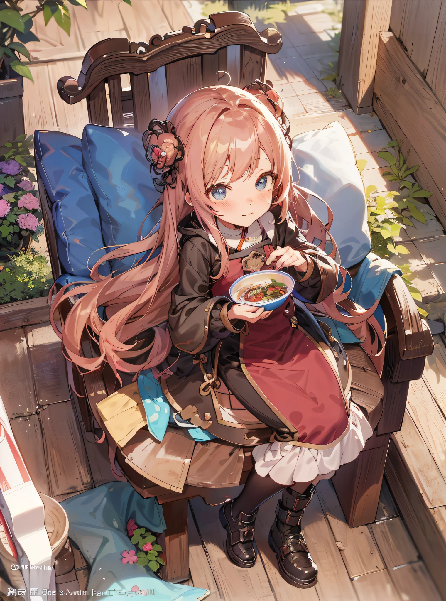 anime girl sitting on a chair eating a bowl of food, small curvy loli, splash art anime loli, artwork in the style of guweiz, guweiz on pixiv artstation, anime girl with long hair, guweiz on artstation pixiv, kawacy, small loli girl, anime visual of a cute girl, alchemist girl