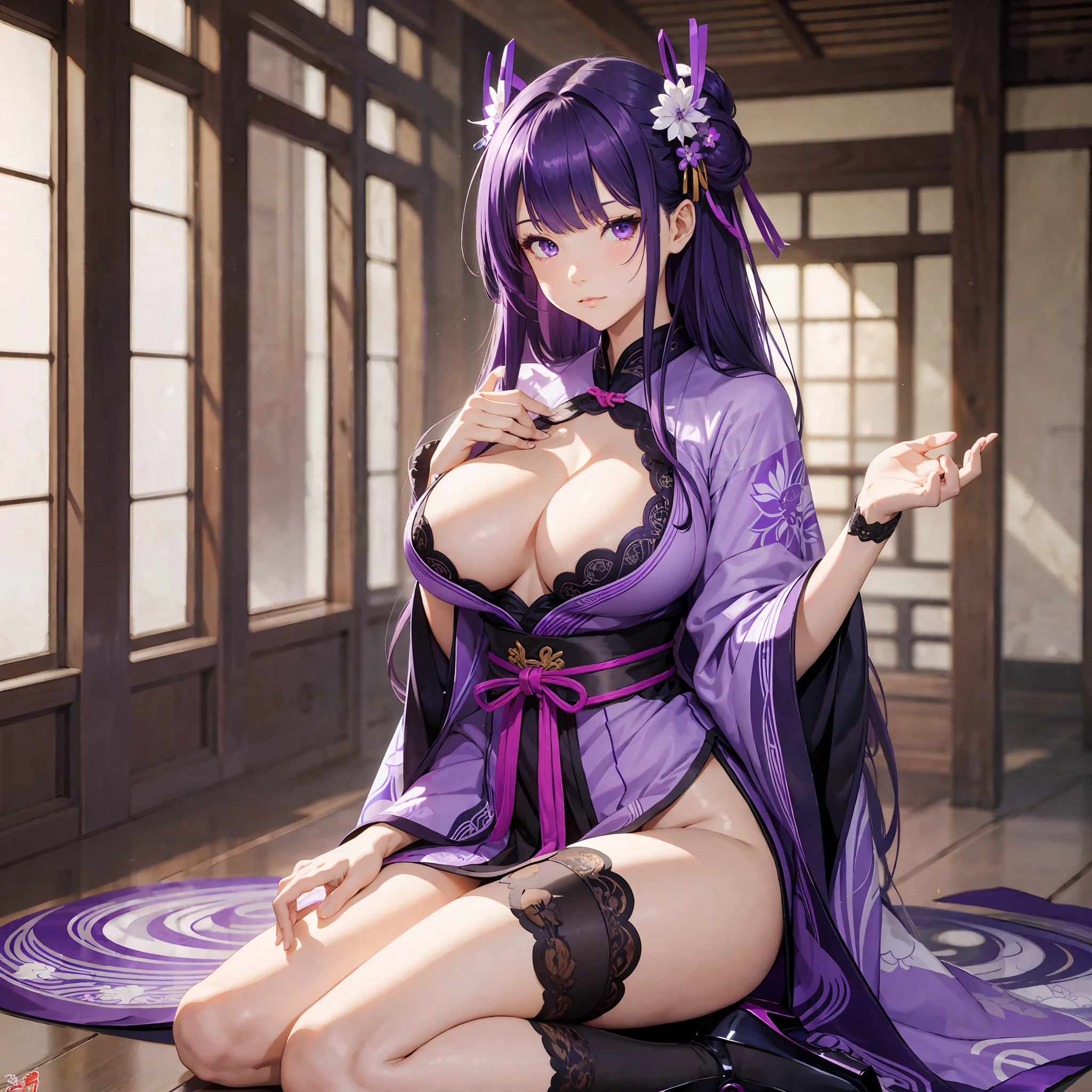 Masterpiece, best quality, breasts, Raiden Shogun, purple eyes, Japanese clothing, purple hair, big breasts, long hair, cleavage, hair accessories, thighs, purple kimono, high heels, bangs, black silk, long legs, long hair, thin waist