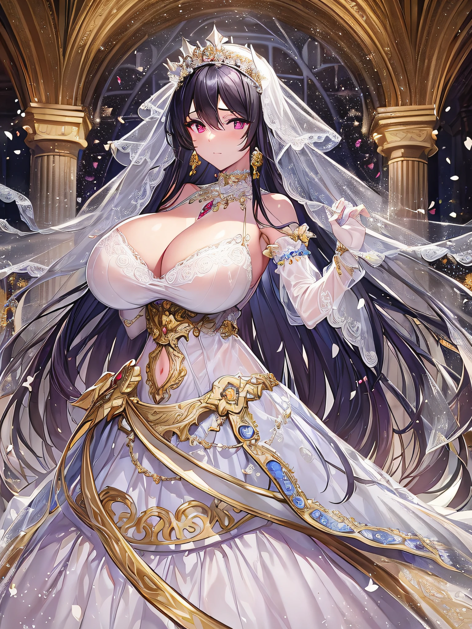 ((anime artstyle)),(Masterpiece), (Best Quality), (Super Detail), Illustration, (((Very Delicate and Beautiful))),Dynamic Angle,Looking at viewer,((((Solo)))),(((Full body))),(((1 arrogant empress in See-through white wedding dress having a wedding ceremony in a royal palace))),(standing),(((embarrassed))),anguish,Purple eyes,(Sharp eyes),Detailed Face, Long Eyelashes,Jet Black Hair,Straight Hair,((Very Long Hair)),Bangs between eyes,((((gigantic breasts)))),cleavage,((skindentation)),curvy,off shoulder,See-through,(((fusion of See-through white wedding dress and white rococo ball gown))),(fluffy See-through rococo white wedding ball gown with gorgeous embroidery),(((hoop skirt))),long skirt,corset,crinoline,long bridal veil,ultra long gloves,Beautifully Gorgeous jeweled big tiara,Beautifully Gorgeous gem earrings,Beautifully Gorgeous jeweled necklace,Beautifully Gorgeous jeweled ornaments,indoor,white lily flowers, flower petals flowing,Stained glass,light particles,Sacred Light