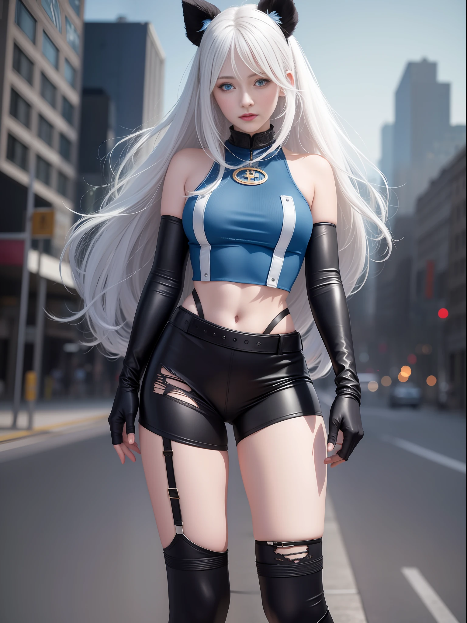 Masterpiece, 8K, High Quality (Photography) 1 Beautiful Woman,(Detailed Face)Full Body,Pantyhose, Garter Belt,Blue Eyes, Elbow Sgames, Gloves, Hair Between Eyes, Joints, Long Hair, Science Fiction, Crop Tank Top, White Hair, (Torn Clothes),(Fuzzy Lighting),