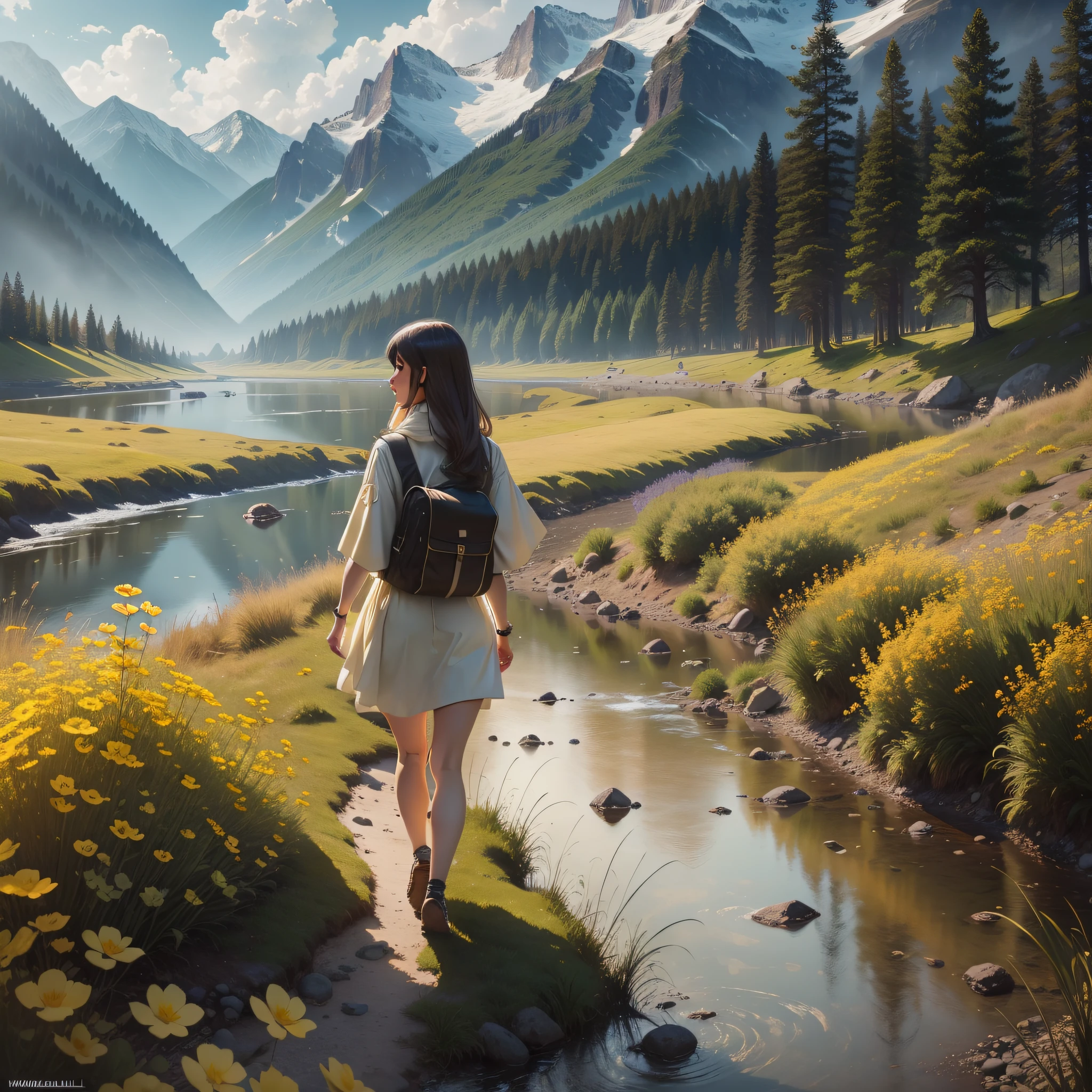 1gril walking by the river, (mountain: 1.3), forest, pale yellow flowers, grass, clouds, Tyndall rays, (master works: 1.3), (8K wallpapers: 1.3), ((super realistic)),