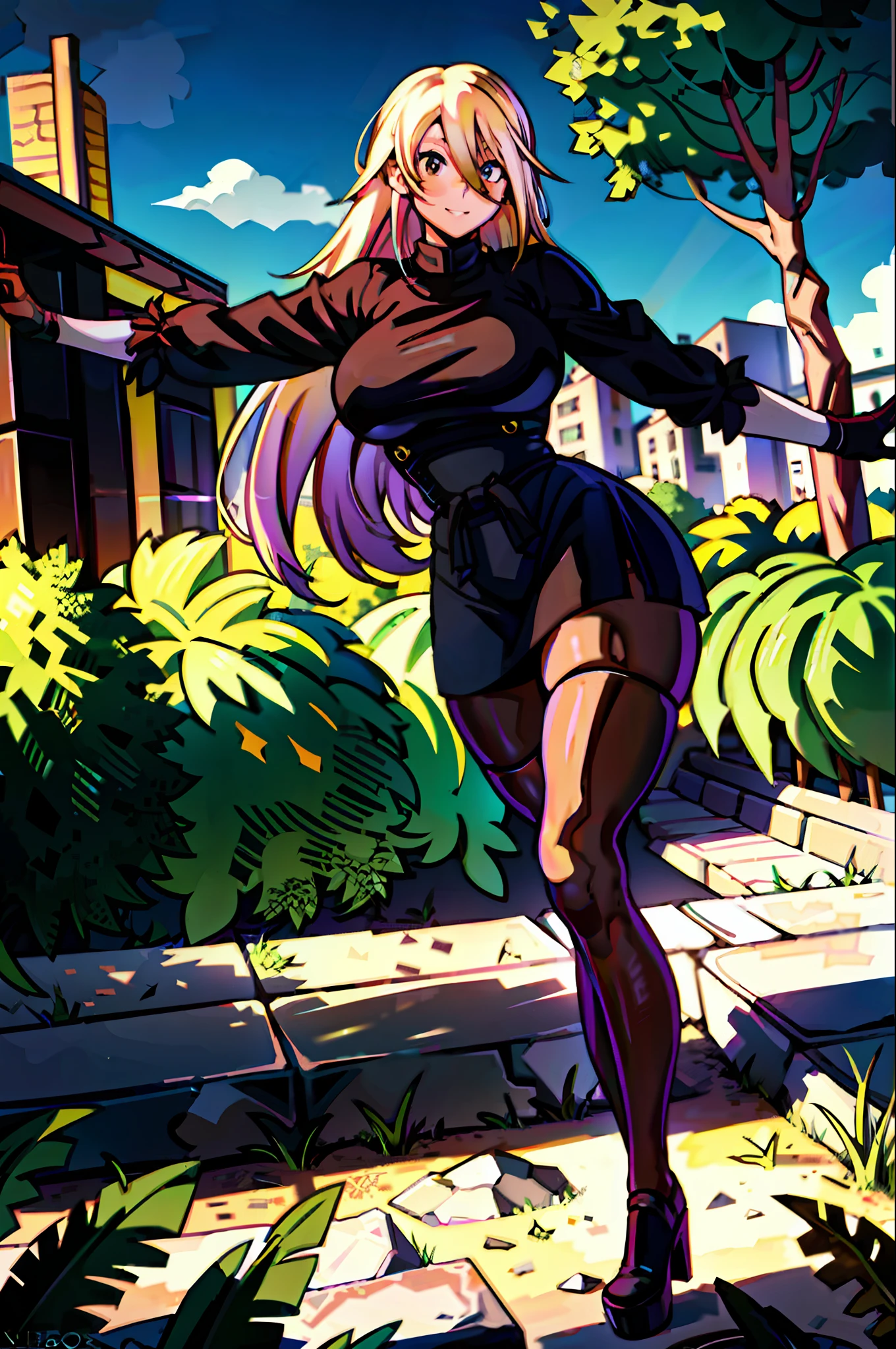 masterpiece, best quality, 1girl, young girl, brown eyes, long blonde hair, happy smile, shiny skin, (nice leg line: 1.3), thick thighs, thin waist, huge breasts
BREAK
school uniform, tie, ((pencil skirt), pantyhose, high heels
BREAK
park, crowd look surprised, depth of field, looking at the viewer, standing, side, upper body, legsupsexms, konosuba