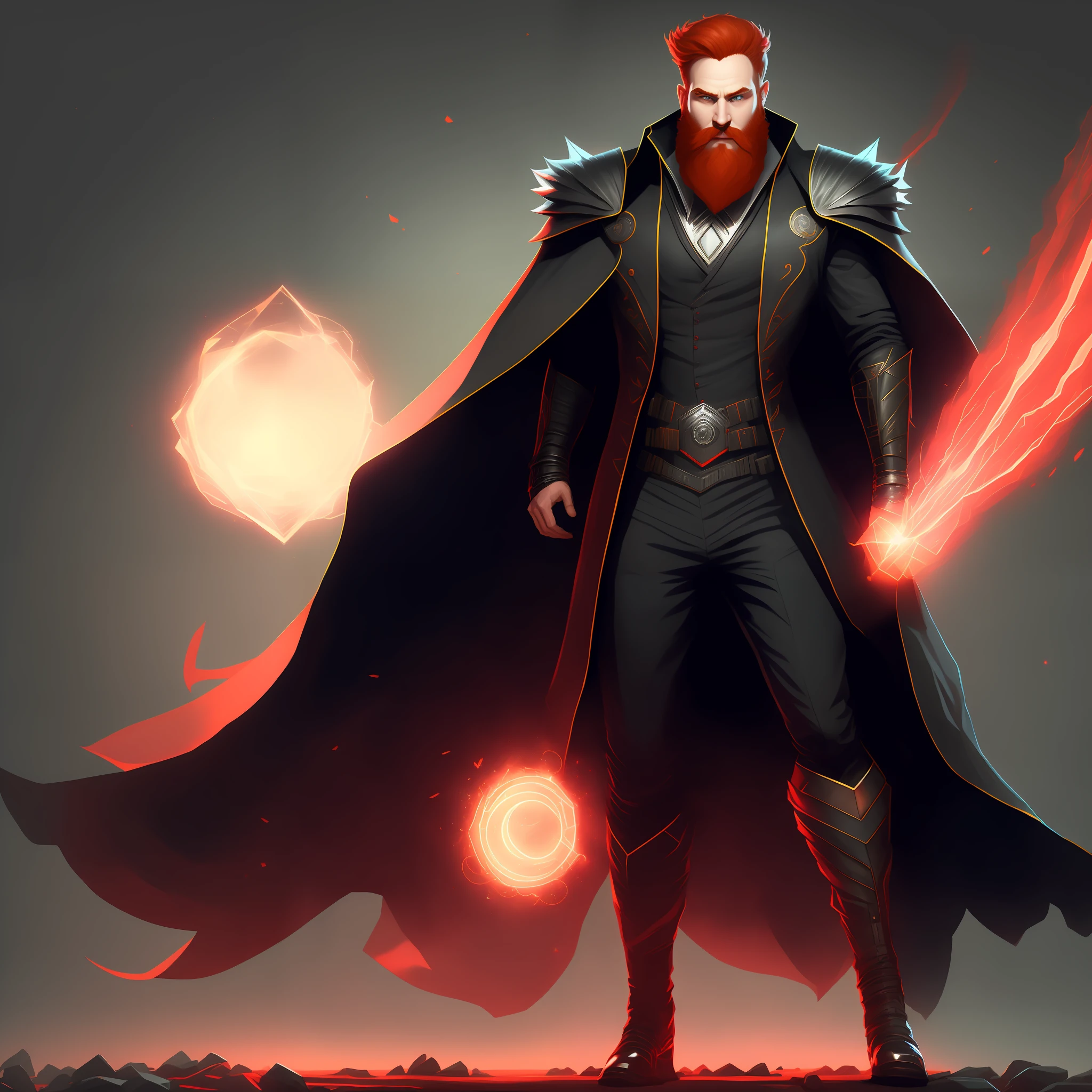 Full body portrait of A 31-year-old professor with a red beard and elegant face, with a little belly, wearing a futuristic black suit and an antique cape. He is strong and skilled, and comes out of a portal that opens in the background. The style is a mix of illustration and video game, with vivid colors and realistic details.
