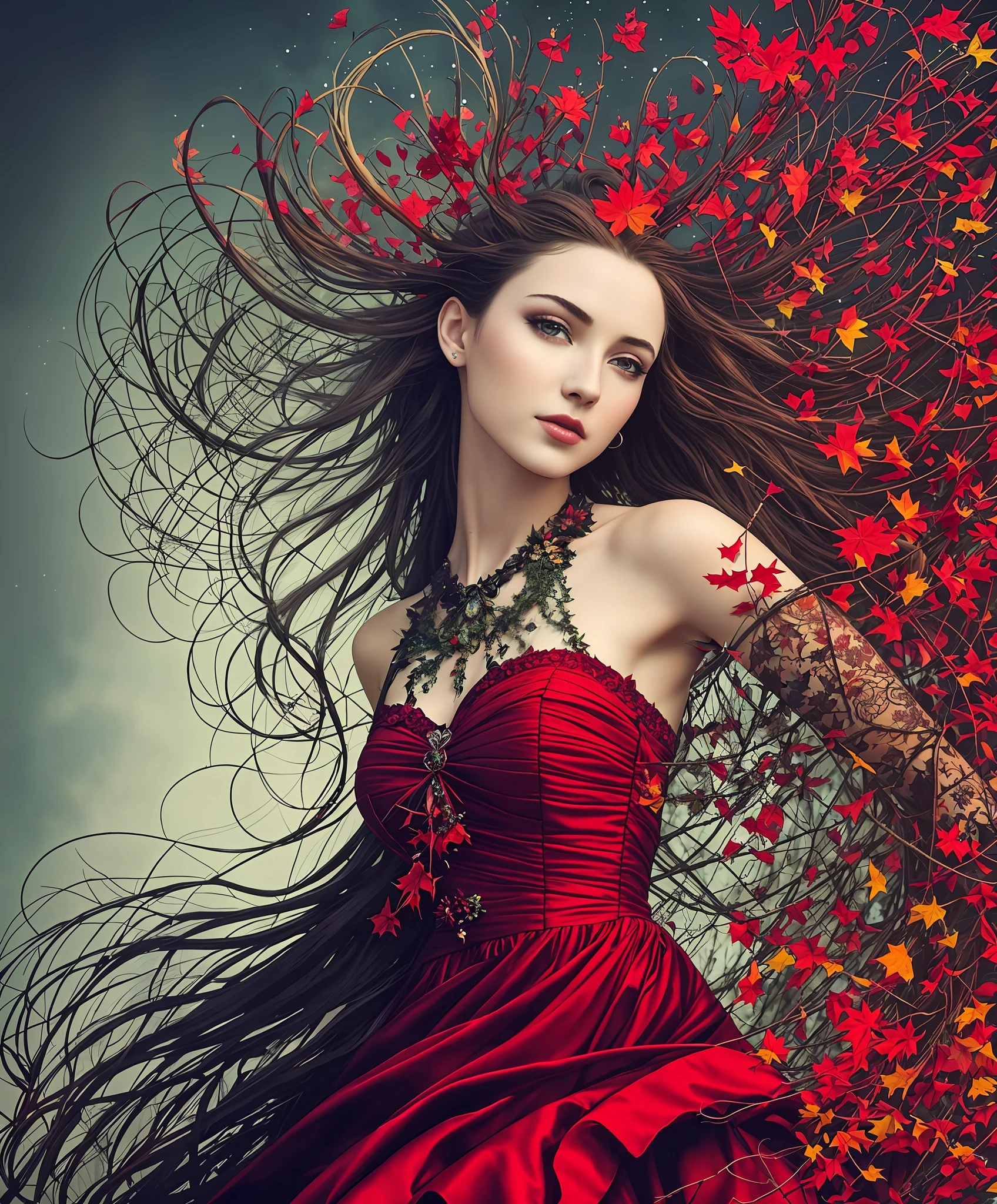 Araped woman in red dress with flowers and leaves, lovely dark autumn princess, beautiful fantasy art portrait, beautiful fantasy portrait, hair becoming autumn red leaves, beautiful witch with long hair, beautiful fantasy art, beautiful fantasy maiden, beautiful autumn spirit, autumn breeze, surreal beautiful young woman, fantasy art portrait, very beautiful fantasy art, beautiful colorful digital art, Autumn Empress, Green Eyes