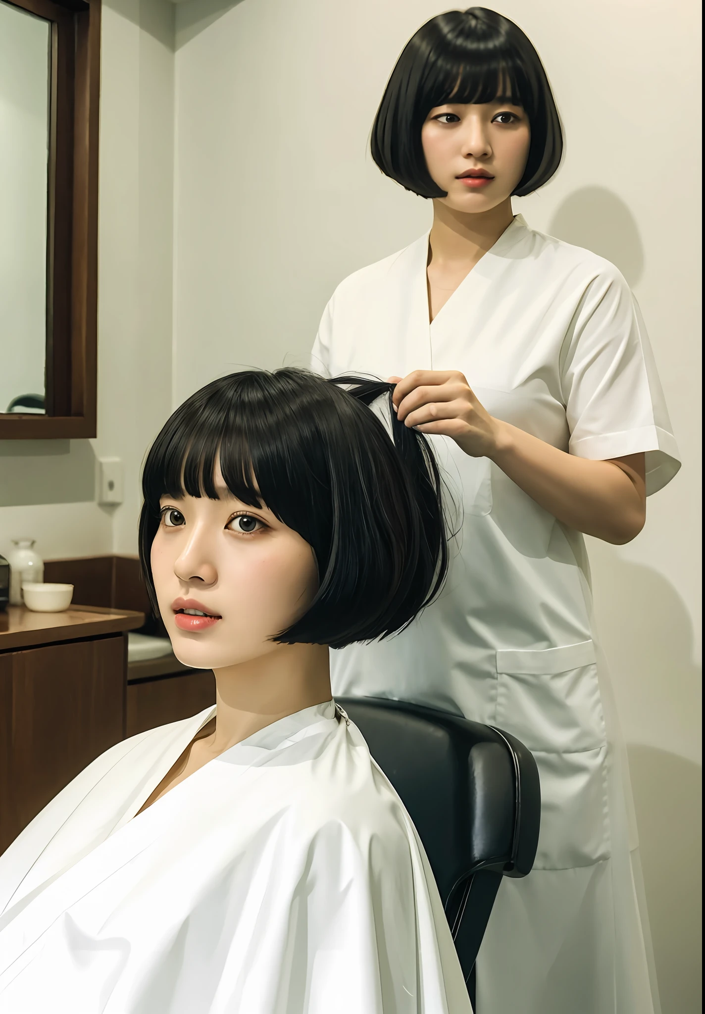 One girl, black hair, bangs, bob-cut hair, white cloth for haircut tied around her neck, sitting on a barber chair with her back straight, interior of a Showa retro old barber shop, spiritual silence, transcendental tranquility, Absurdres, HDR, ultra-detailed illustration, highly detailed face, RAW photography, film grain, deviantart trend, night, movie scene,