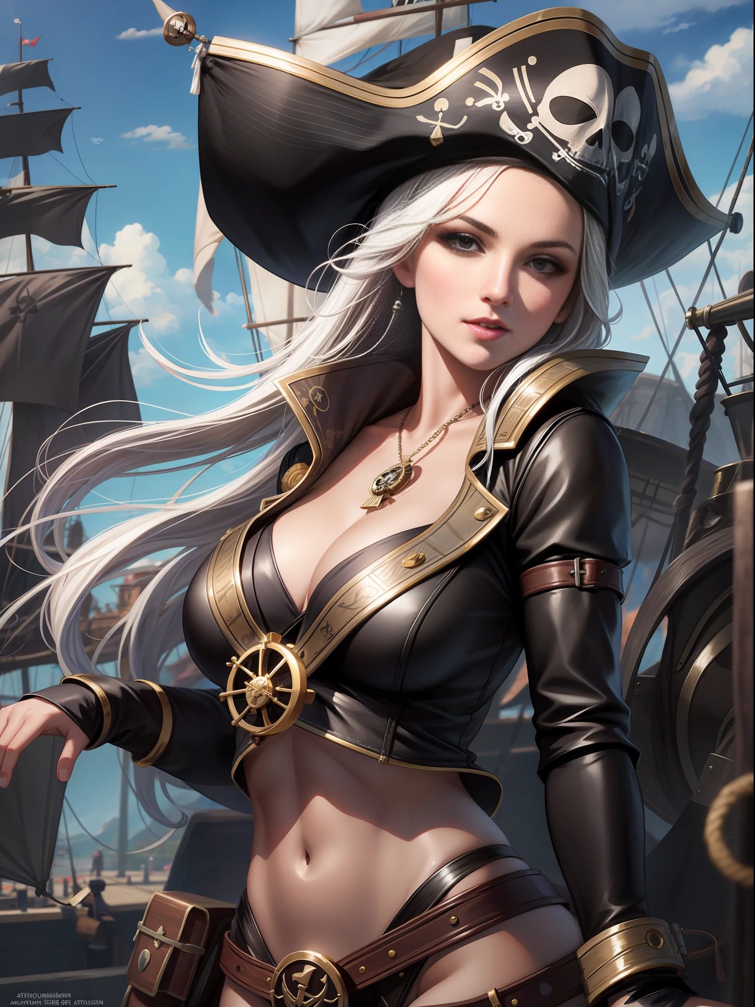 1 beautiful woman is a sexy pirate babe, sails, cannons, jolly roger, windy, clear sky, crows, high quality, masterpiece, absurdities, by artgerm