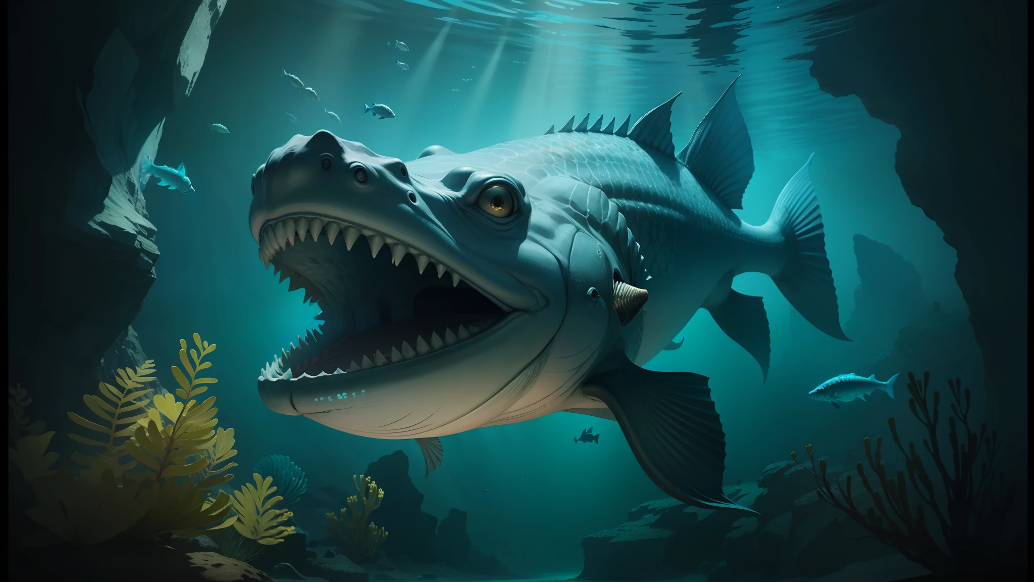 there is a fish that is looking at the camera in the water, realistic paleoart, realistic photography paleoart, ocean giant creature bloop, ancient fish, ultrarealistic digital art, large mouth with teeth, paleoart, award winning creature portrait, hyper realistic fantasy monster, cory behance hd, underwater sea monster, incredibly detailed atlantic cod, ultrarealistic illustration