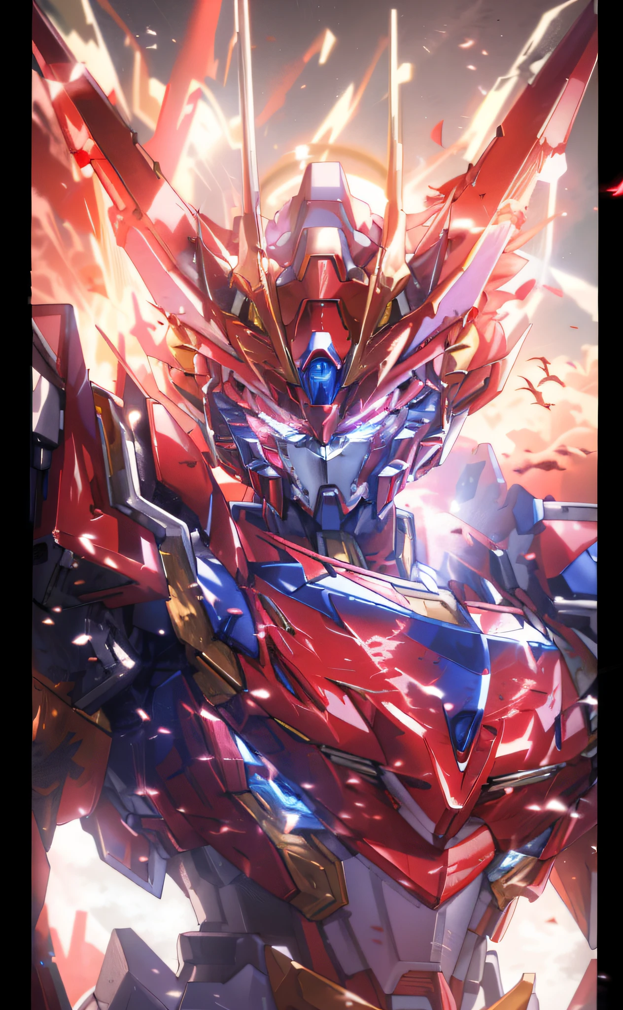 a close up of a robot with a red and blue suit on, ssss.gridman, red gundam head, gundam, god king of ai art, mobile suit, mecha art, advanced digital anime art ”, gundam head, official art, gundam style, goku fused with optimus prime, full art, zerochan art, extreme gundam, robot mecha female dragon head
