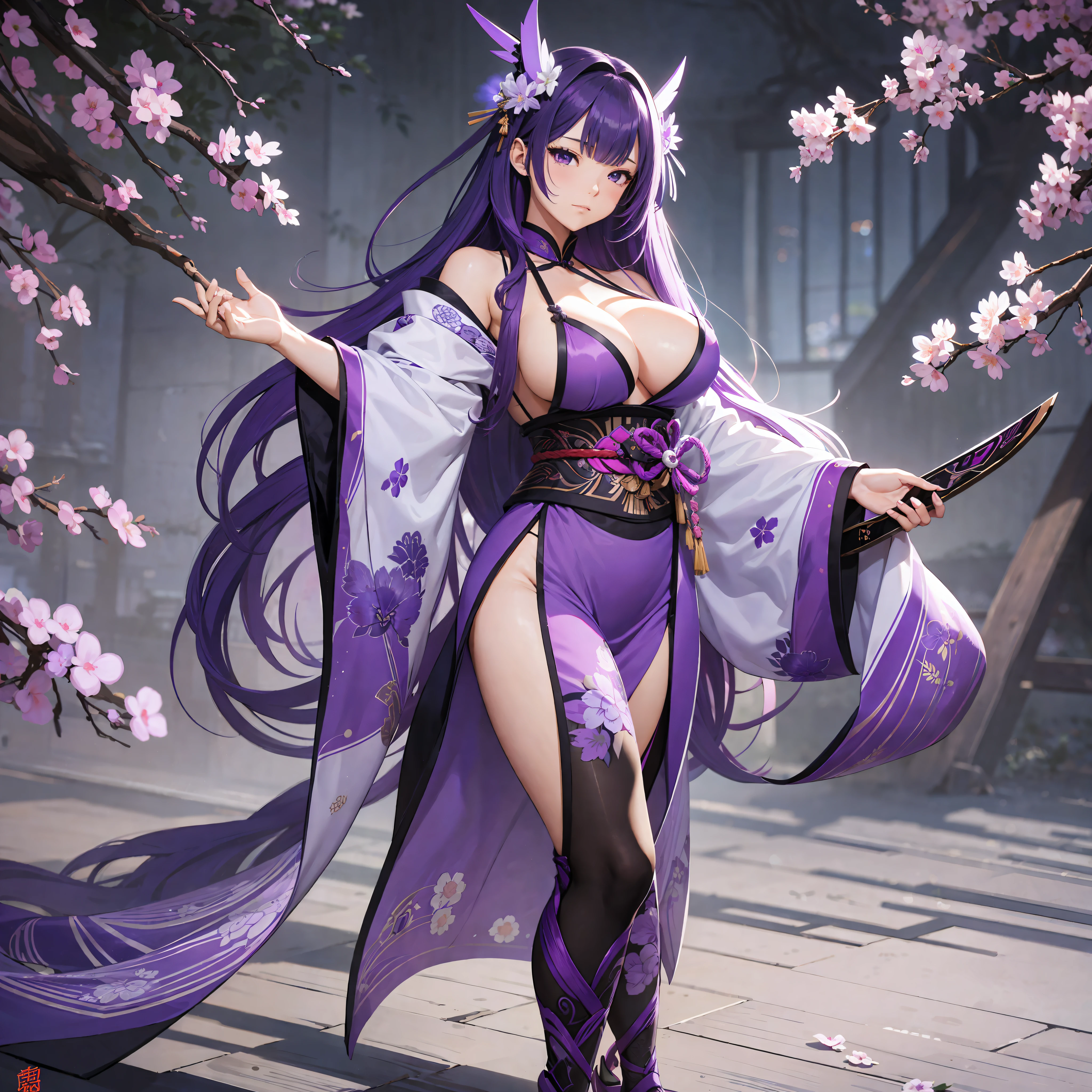 Masterpiece, best quality, breasts, Raiden Shogun, purple eyes, Japanese clothing, purple hair, big breasts, long hair, cleavage, hair accessories, thighs, purple kimono, high heels, bangs, black silk, long legs, long hair, thin waist