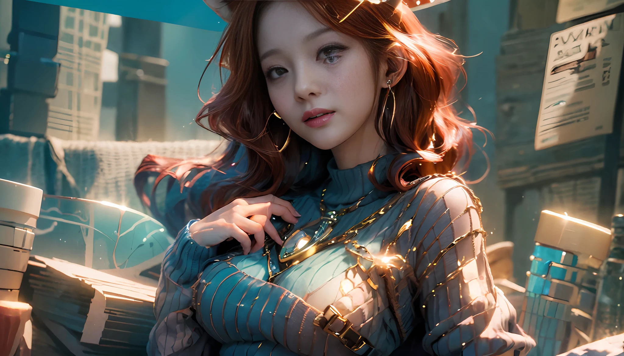 ((a fox girl)), (nsfw:1.2), open, (red hair:1.2), fox ears, exposed shoulder, exposed cool chest, open clothes, hand-made clothes, torn, exposed chest tip, (highly detailed CG Unity 8k wallpaper), (work- prime), (Best Quality), (Super Detailed), (Best Illustration), (Best Shadow), (Realistic), (PureErosFace_V1:0.5), Lens Flare , (Depth of Field), (Natural Light), Ultra High Resolution , (eye detail), charming smile, (brunette), (((transparent sweater))), (bare chest), 21 years old, -upscale - --auto --s2