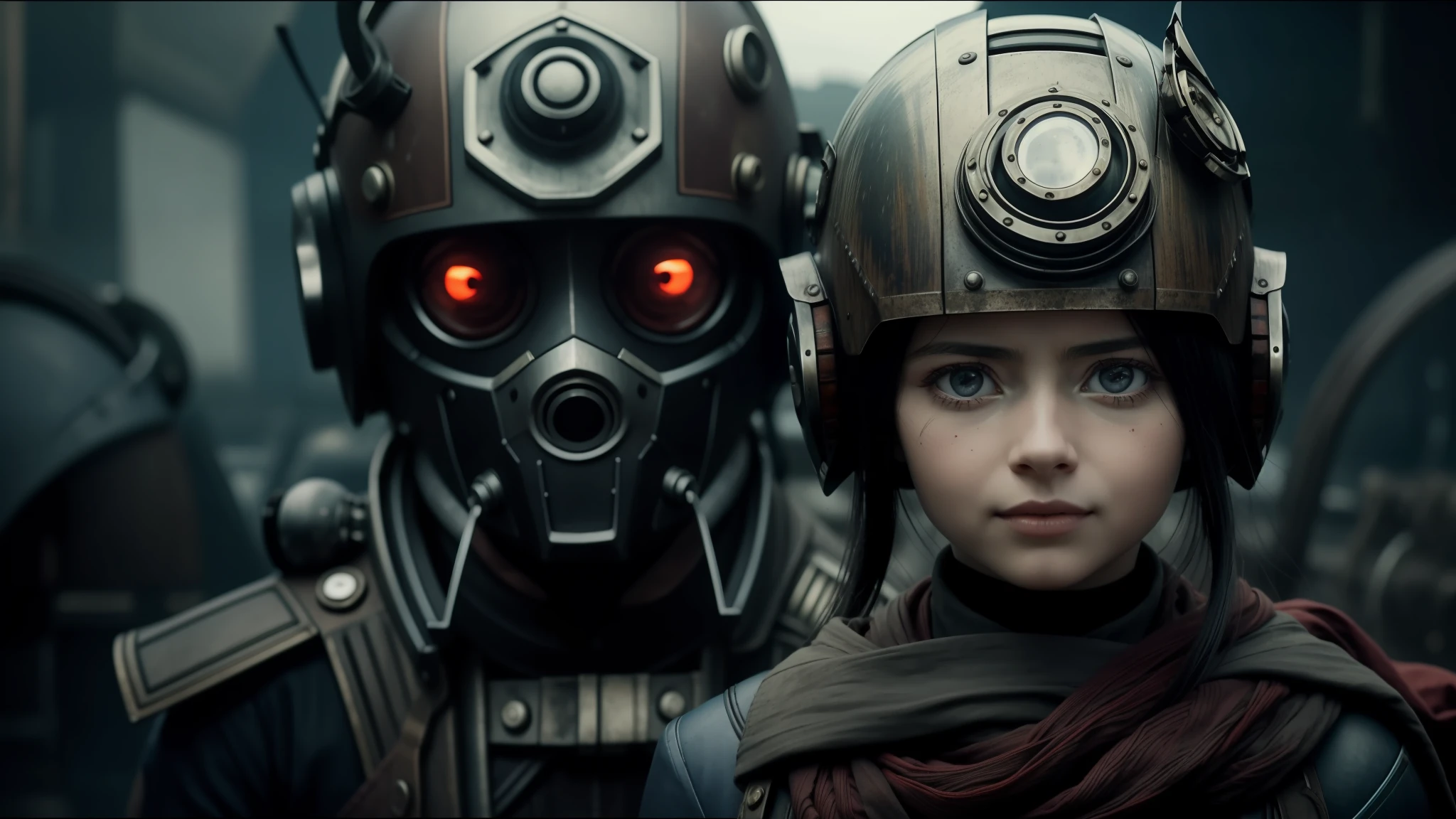they are wearing helmets with red eyes and a scarf, still from alita, by Koloman Sokol, steampunc, blue faces, ukrainian girl, 2030s, by Władysław Malecki, film promotional still, pandora, featured on vimeo, colony, by Karel Havlíček, 2045