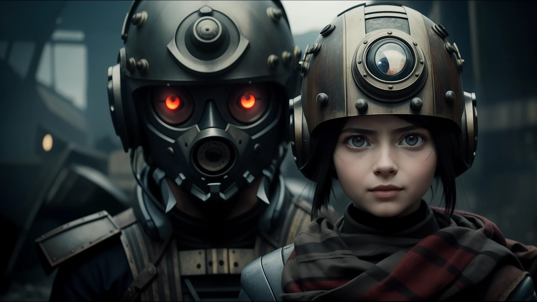 they are wearing helmets with red eyes and a scarf, still from alita, by Koloman Sokol, steampunc, blue faces, ukrainian girl, 2030s, by Władysław Malecki, film promotional still, pandora, featured on vimeo, colony, by Karel Havlíček, 2045