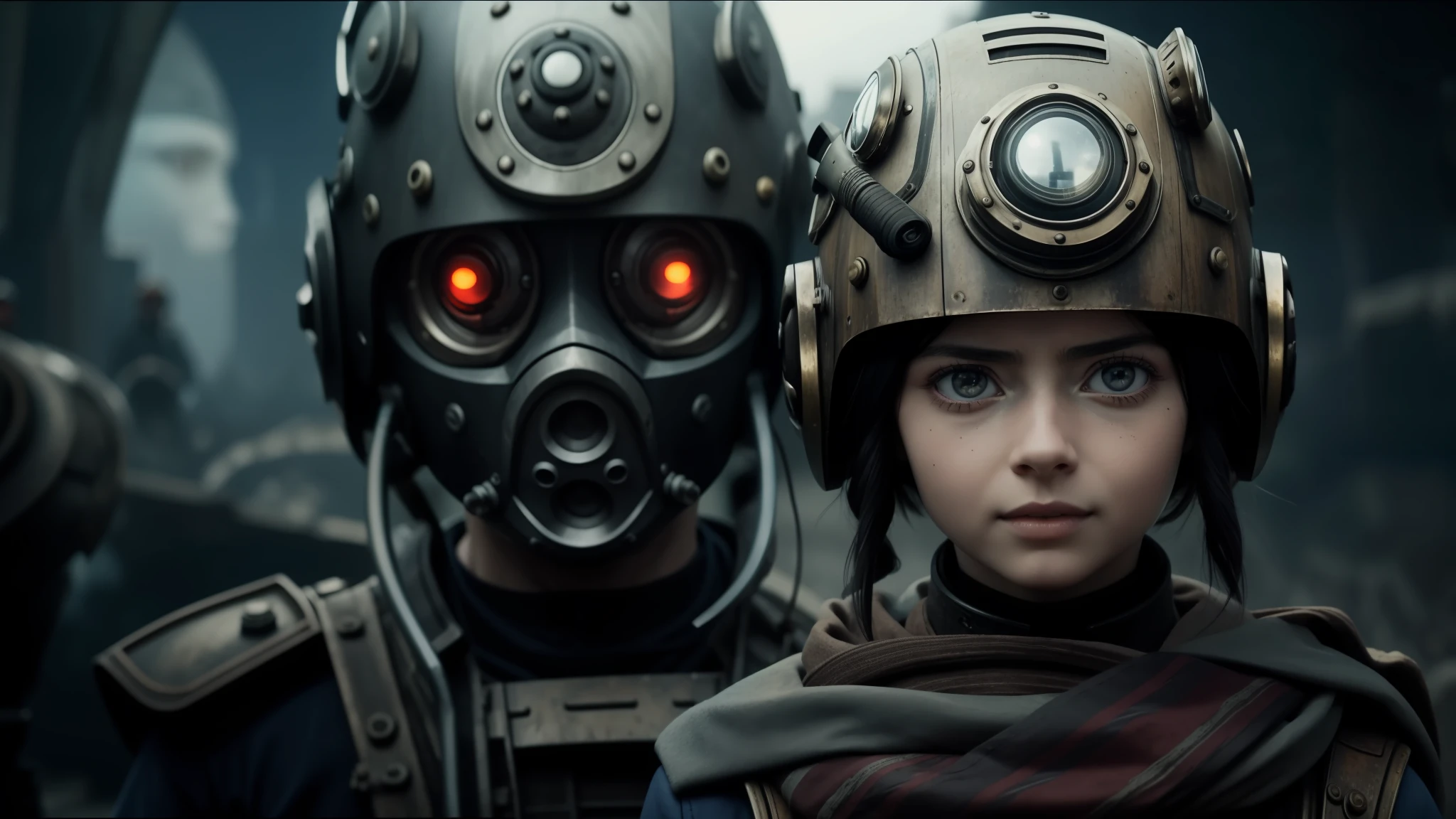 they are wearing helmets with red eyes and a scarf, still from alita, by Koloman Sokol, steampunc, blue faces, ukrainian girl, 2030s, by Władysław Malecki, film promotional still, pandora, featured on vimeo, colony, by Karel Havlíček, 2045