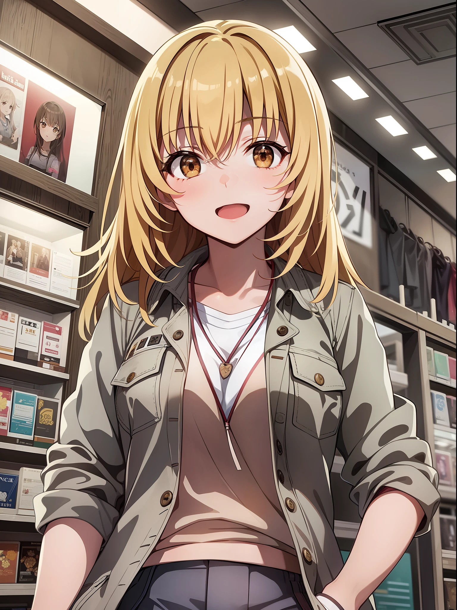 Misaki Shokuhou, bright eyes, in a clothing store, nice environment, super detailed, high quality