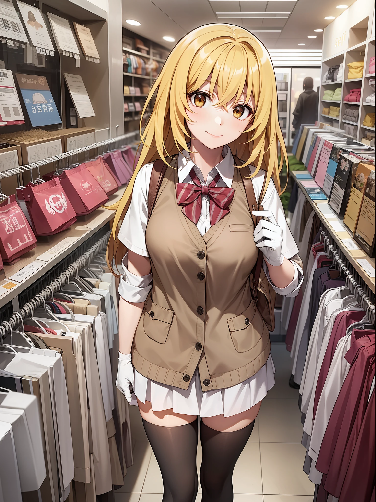 Misaki Shokuhou, bright eyes, in a clothing store, nice environment, super detailed, high quality