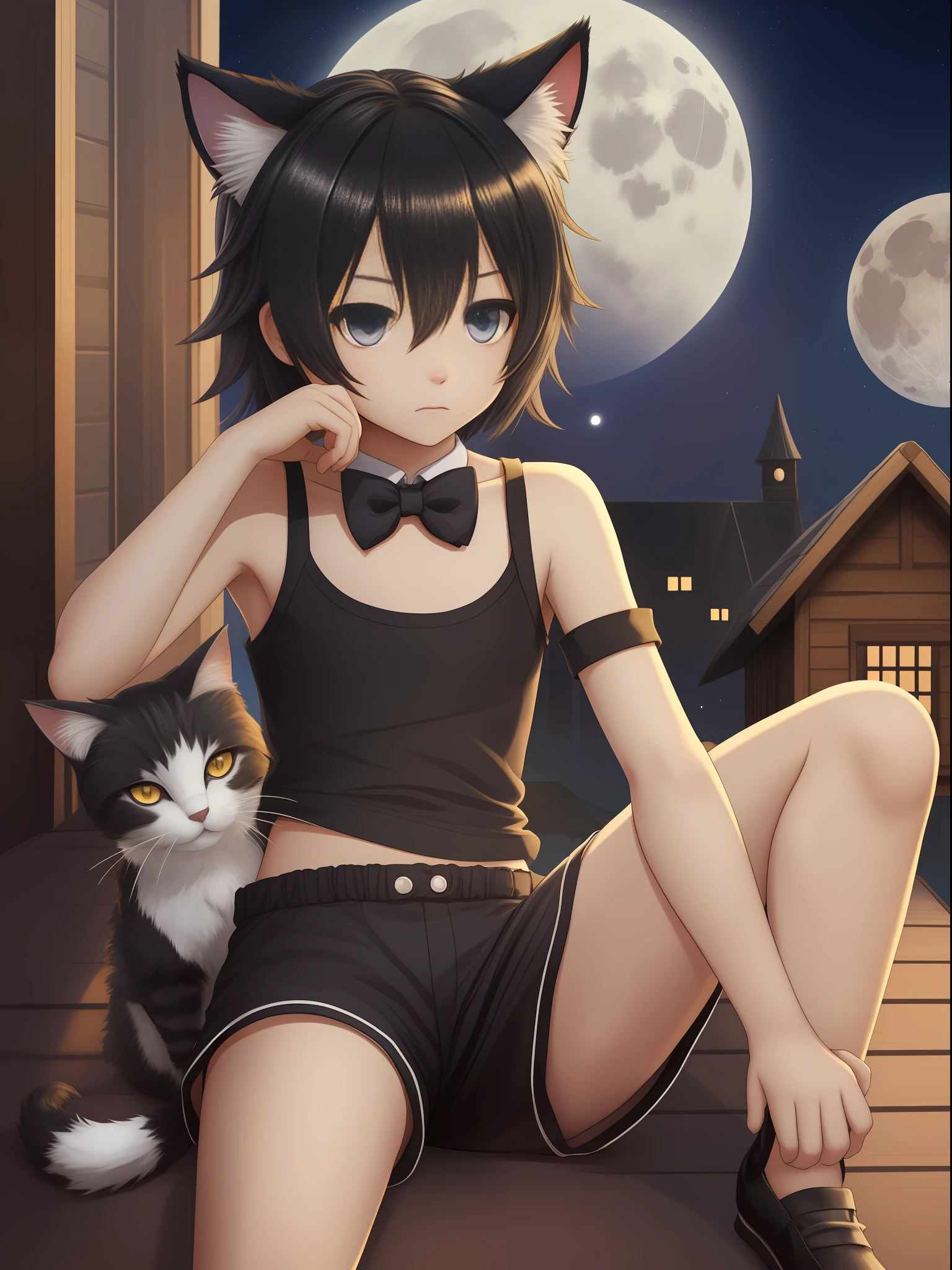 cute furry shota , watching the big moon , sitting on the roof , hand on chin , full body shot , tank top , revealing shorts , navel , bow tie , black hair , semi-long hair , cat ears , cat tail ,skinny , fantasy , , femboy , feminine , demi-human ,
