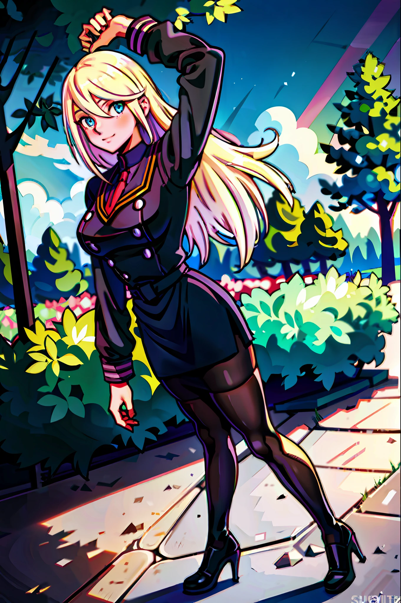 masterpiece, best quality, 1girl, young girl, green eyes, long blonde hair, happy smile, shiny skin, (nice leg line: 1.3), thick thighs, thin waist, huge breasts
BREAK
school uniform, tie, ((pencil skirt), pantyhose, high heels
BREAK
park, crowd look surprised, depth of field, looking at the viewer, standing, side, upper body, legsupsexms, konosuba