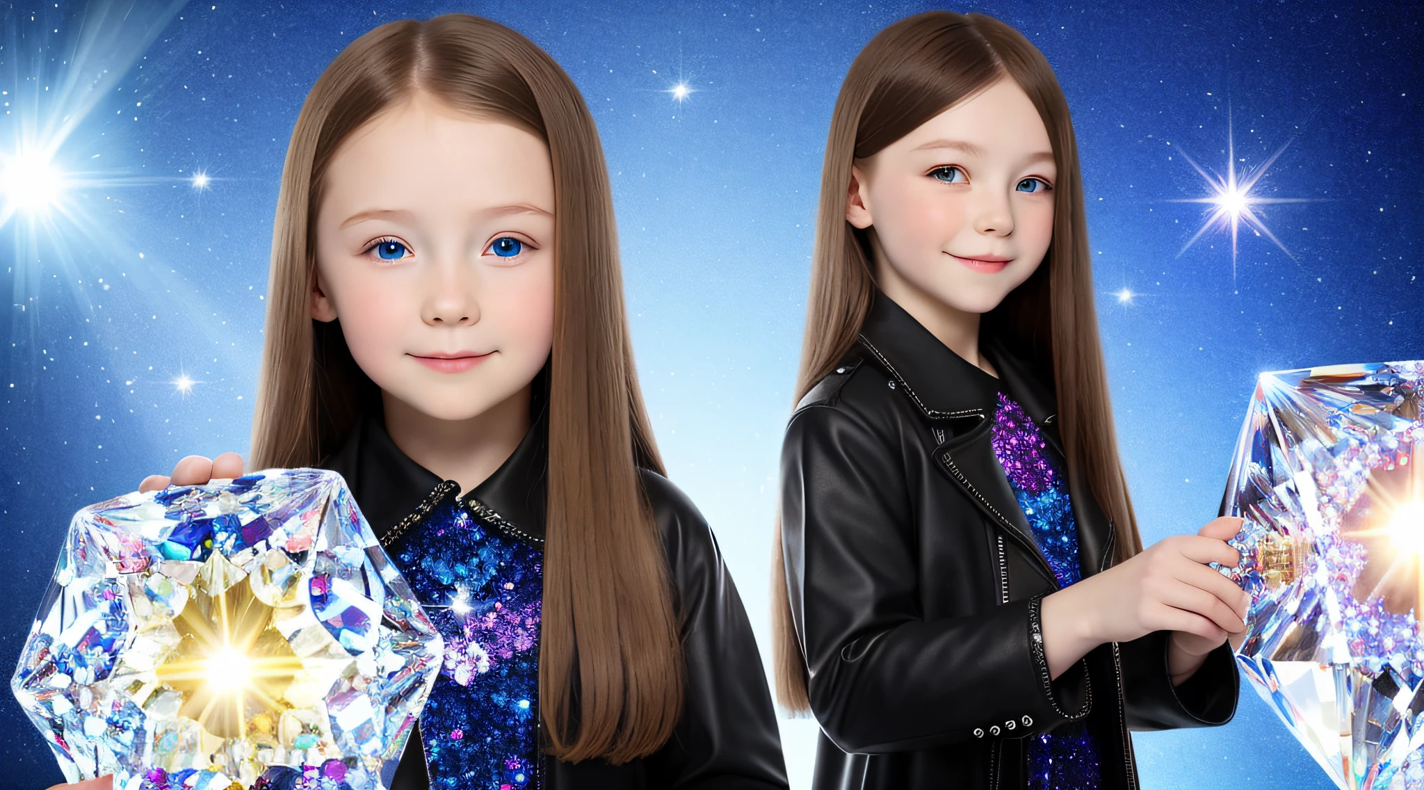 Russian children GIRLS WITH LONG STRAIGHT HAIR dark, PORTRAIT STYLE, black leather jacket that are holding a lamp, a lot of crystal crystals on a blue background, crystal fragments, crystals illuminate the scene, crystalline material, crystalline!!, crystals, blue crystal exploding, blue crystals, made of crystals, encrusted crystal, crystals and diamonds, crystal formation, crystalline, shimmering luminous crystals, beautiful crystals, crystal particles, made of crystal, crystallized