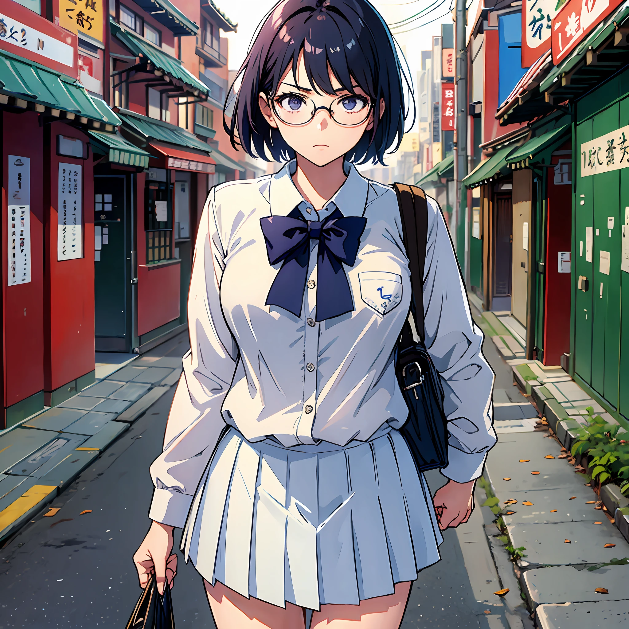 glasses, short cuts, school uniform, 17 years old, serious look, normal breasts, Japan person