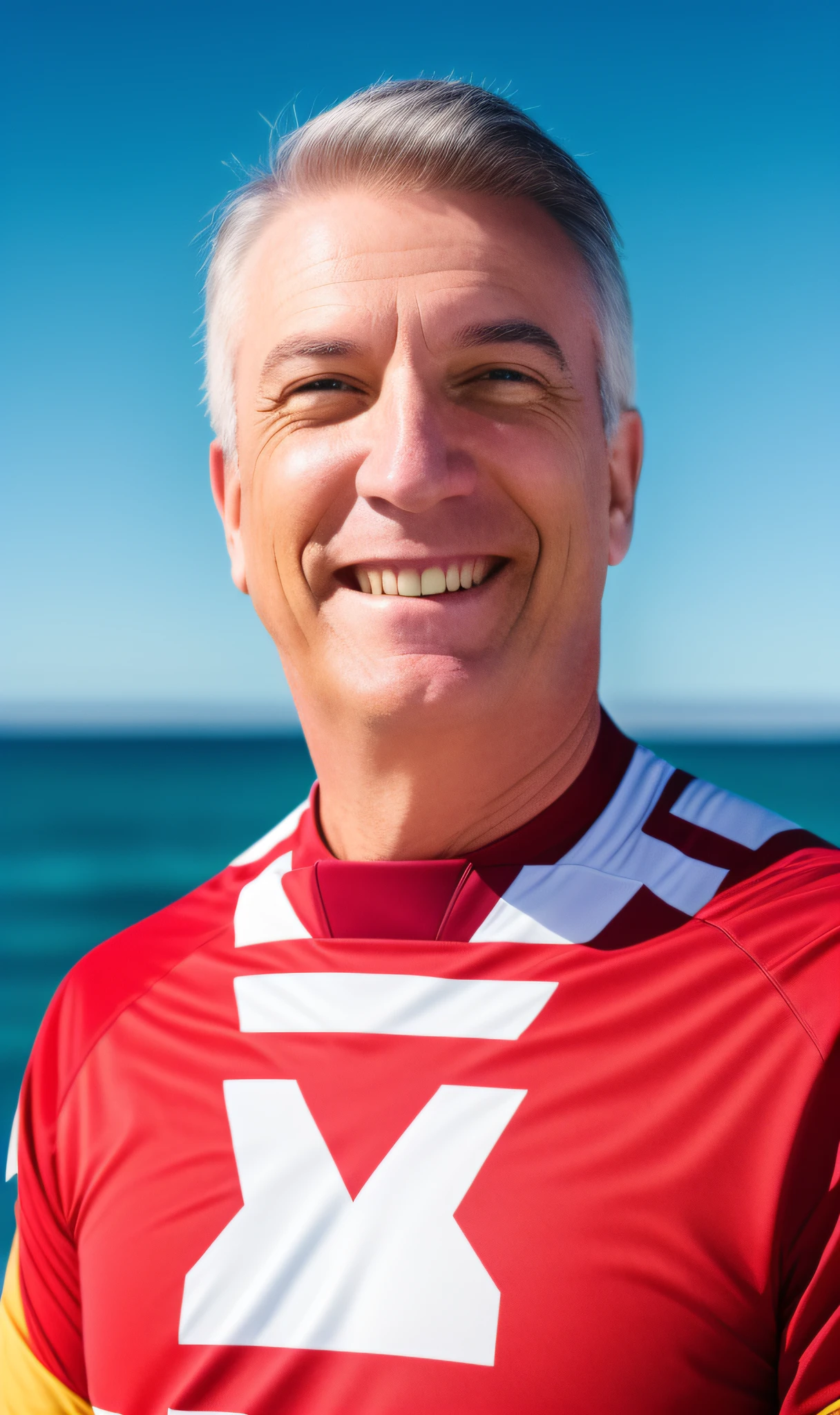 color photo of white man, smiling, wearing 45 year old meurosto001 pattern, iron man armor, face, half body, body, highly detailed skin, skin pores, coastline, sunny weather, wind, waves, 8k uhd, Dslr, soft lighting, high quality, film grain, Fujifilm XT3