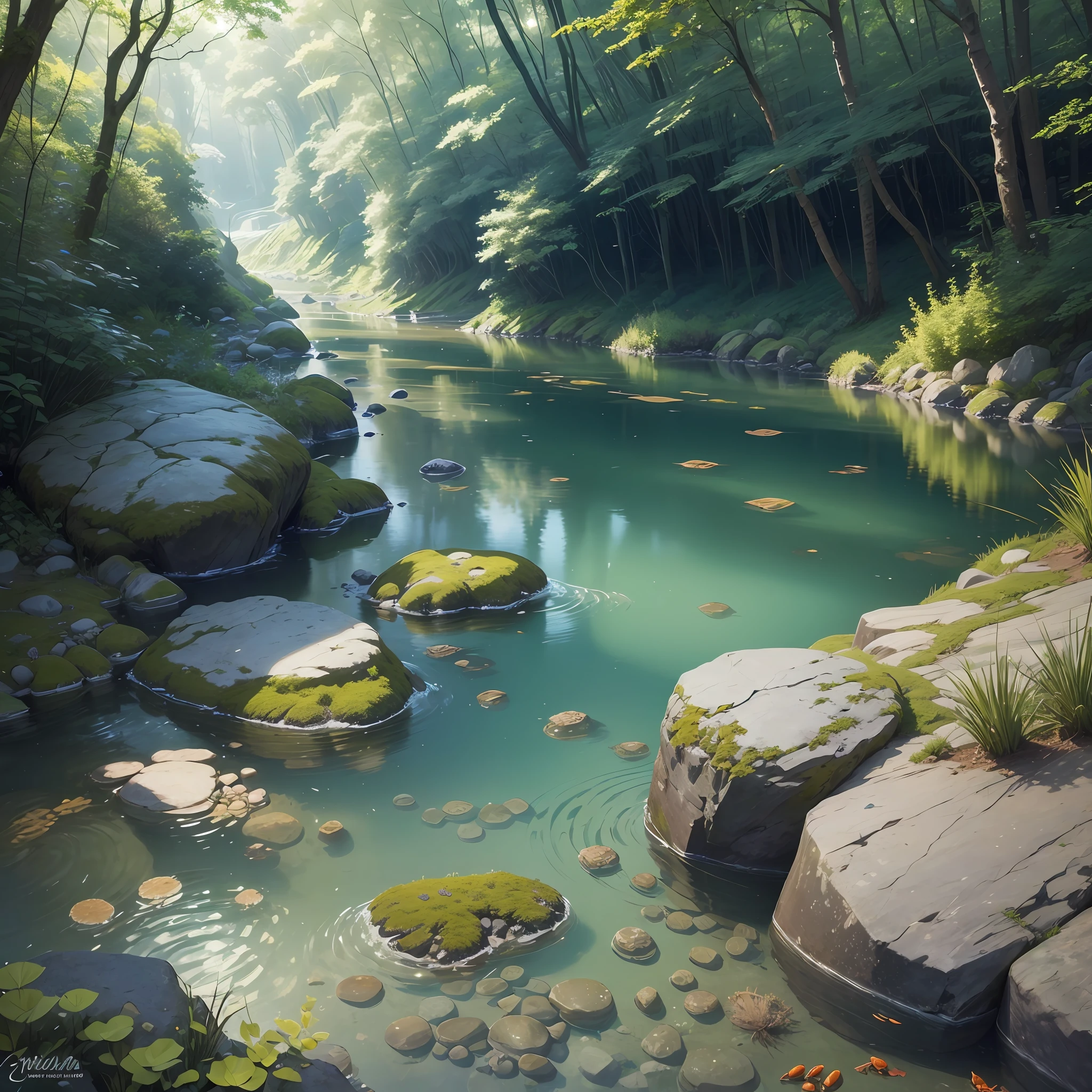 A small river meanders through the woods into the distance. The river is crystal clear, and the mirror-like surface of the water shimmers silver in the sunlight. The fish in the water swim happily. The little crabs in the water are crawling between the stone crevices with large pincers, which looks particularly majestic. --auto --s2