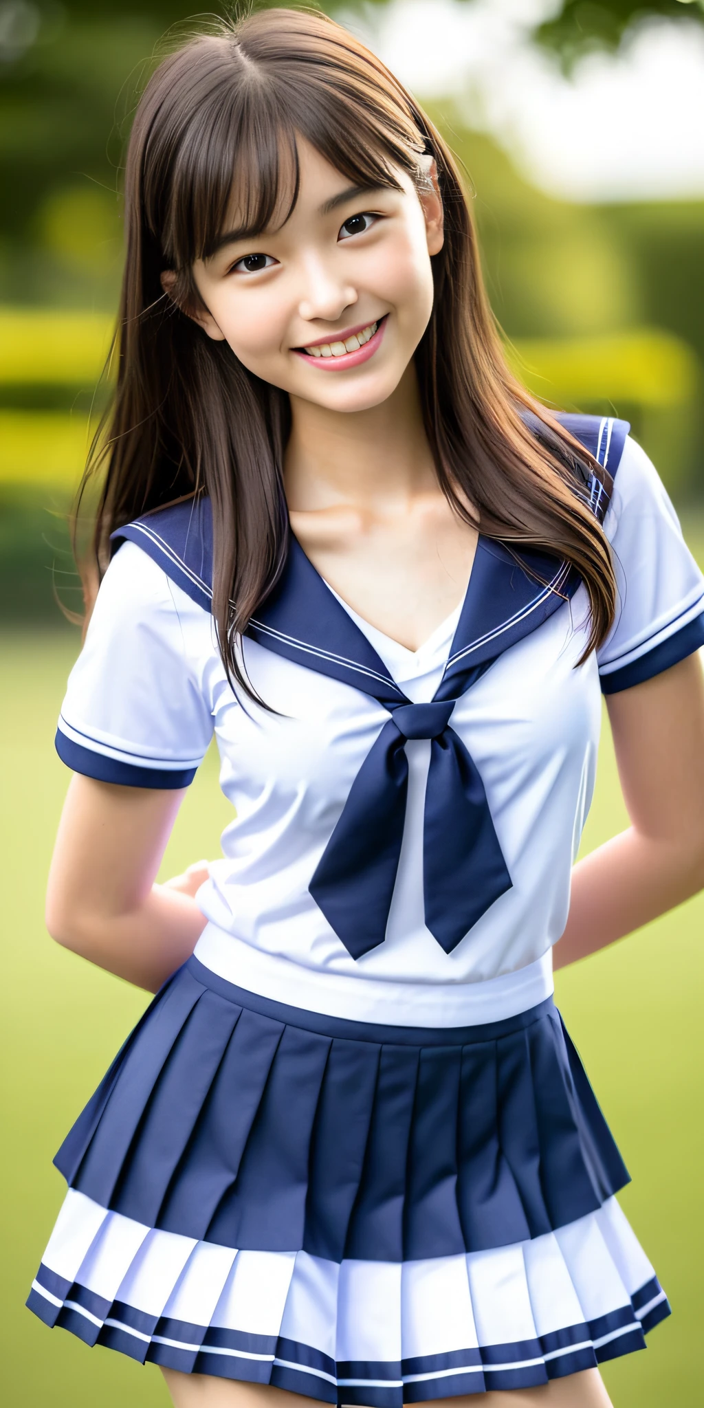 neat college girl, (school uniform, sailor uniform, ribbon tied at chest, summer uniform, upper body white, skirt is navy blue), outside the athletic field, (slim), photorealistic, detail, skin texture, ultra detail, delicate and sexy collarbone, smile, super detailed face, detailed lips, detailed eyes, double eyelids, small breasts, small breasts, small, flat breasts, breast emphasis