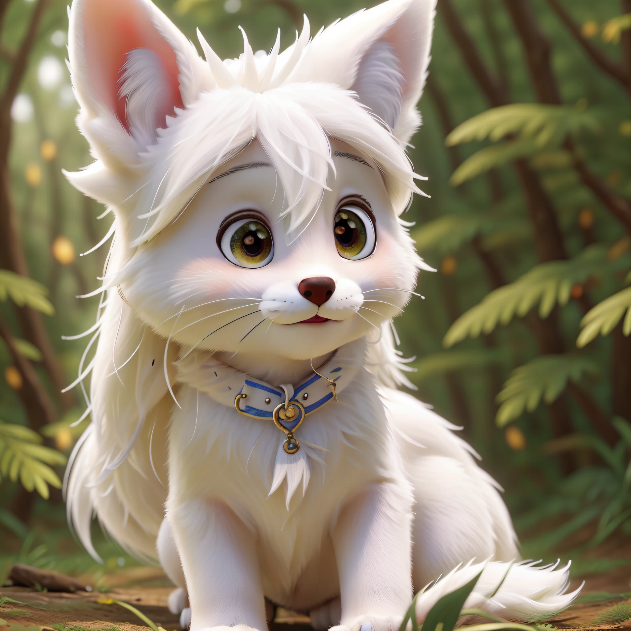 Masterpiece, best quality, close-up of little fox, close-up, background forest, pure white hair, pure white all over, perfect details, perfect painting --s2