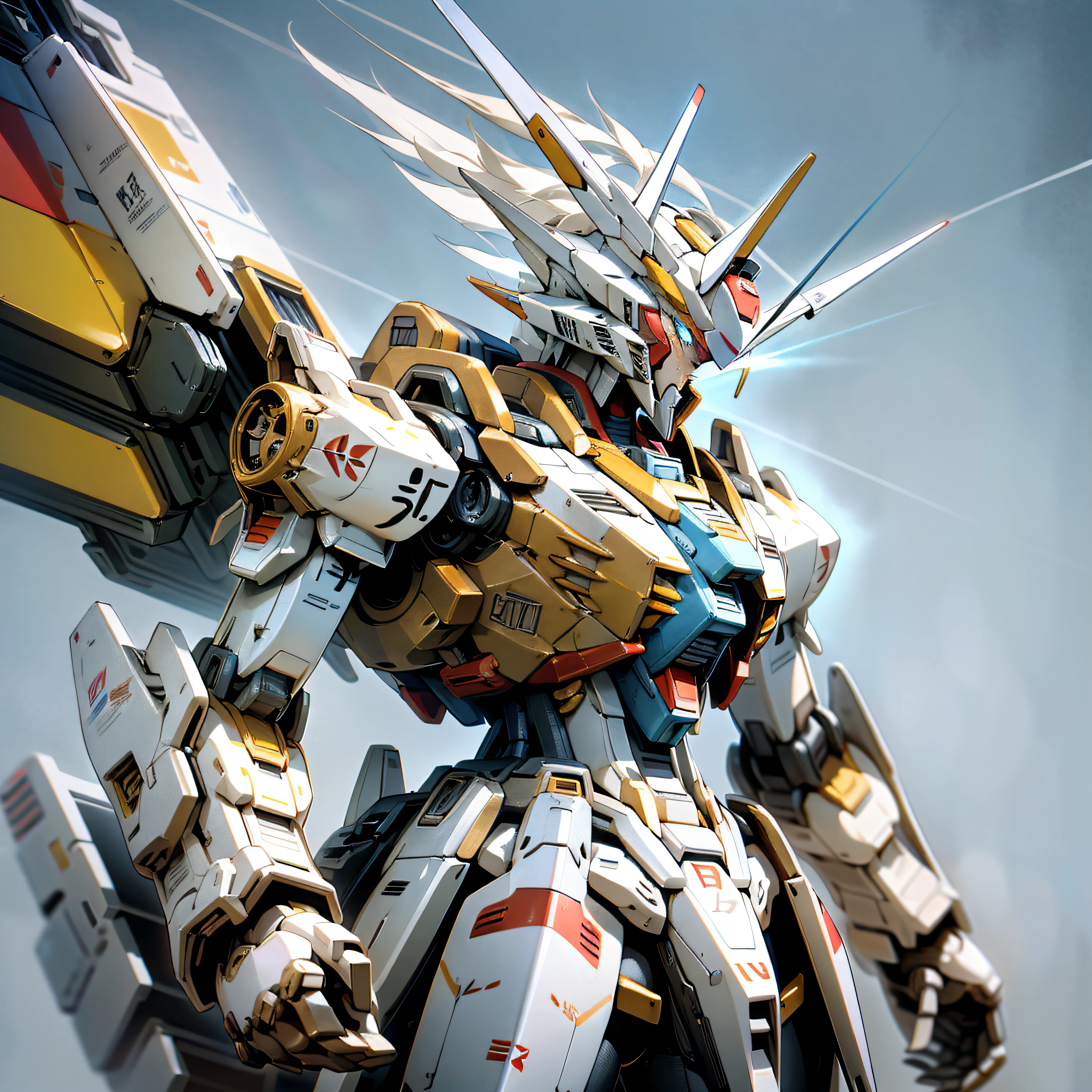 Close-up of a robot with large wings flying in the air, modern mecha animation, extreme gundam, mobile suit gundam, gundam style, official anime work, gundam, mecha anime, mobile suit, key art, 1/100 closed speed, modern sci-fi animation, propaganda art, gundam is a windmill shape, 8k, super detail, accuracy, best quality, ultra hd, 4K QUALITY, PBR rendering, UE engine, retina screen