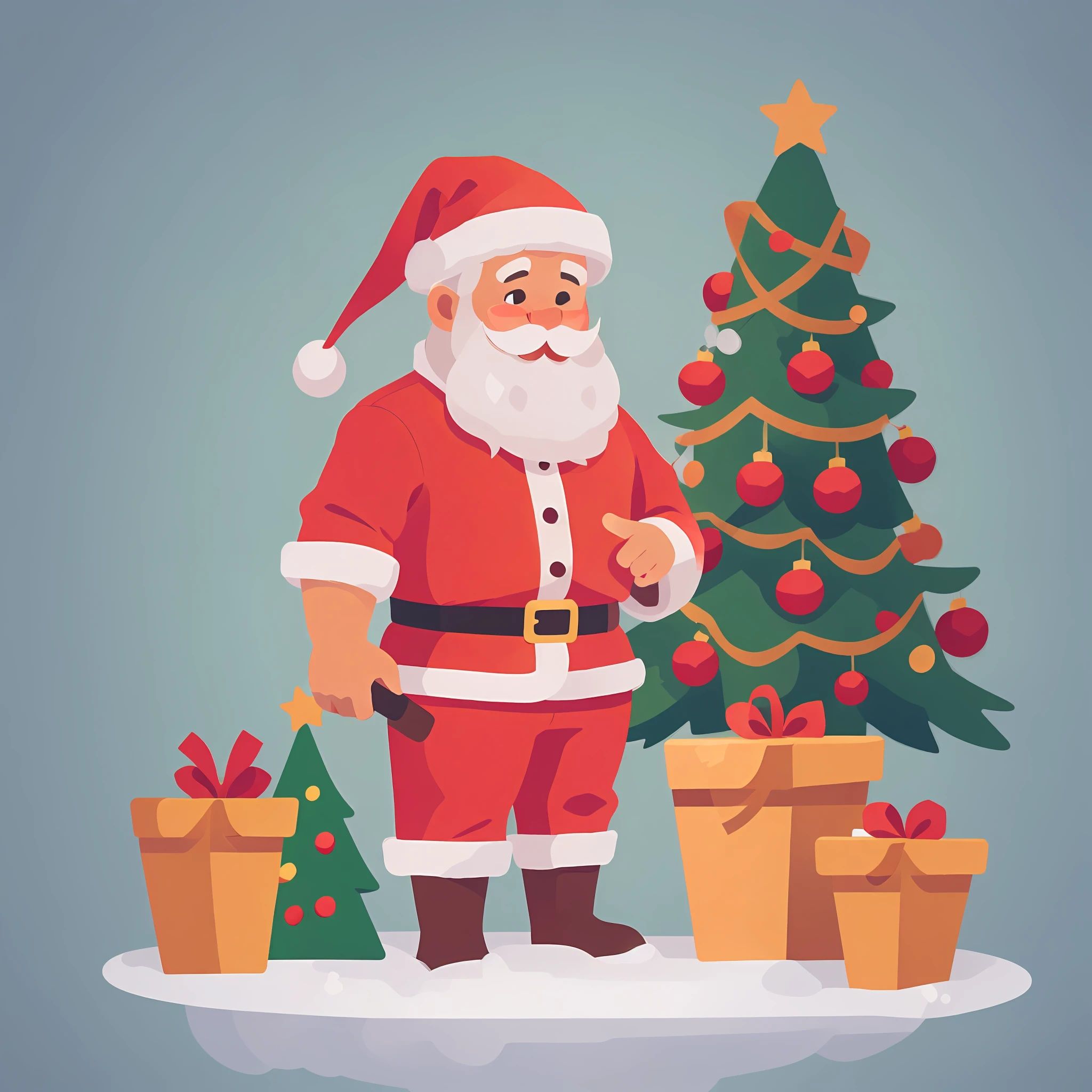 A Santa Claus standing next to Christmas tree with presents, simple illustration, holiday season, cute illustration, merry, no gradient, cartoon illustration, christmas, cartoon style illustration, flat illustration, Jen Bartel, simple and clean illustration, illustration! , Shutterstock, Stylized digital illustration, Detailed 2D illustration, Very stylized, (snow), vector illustration, no depth of field, super detailed