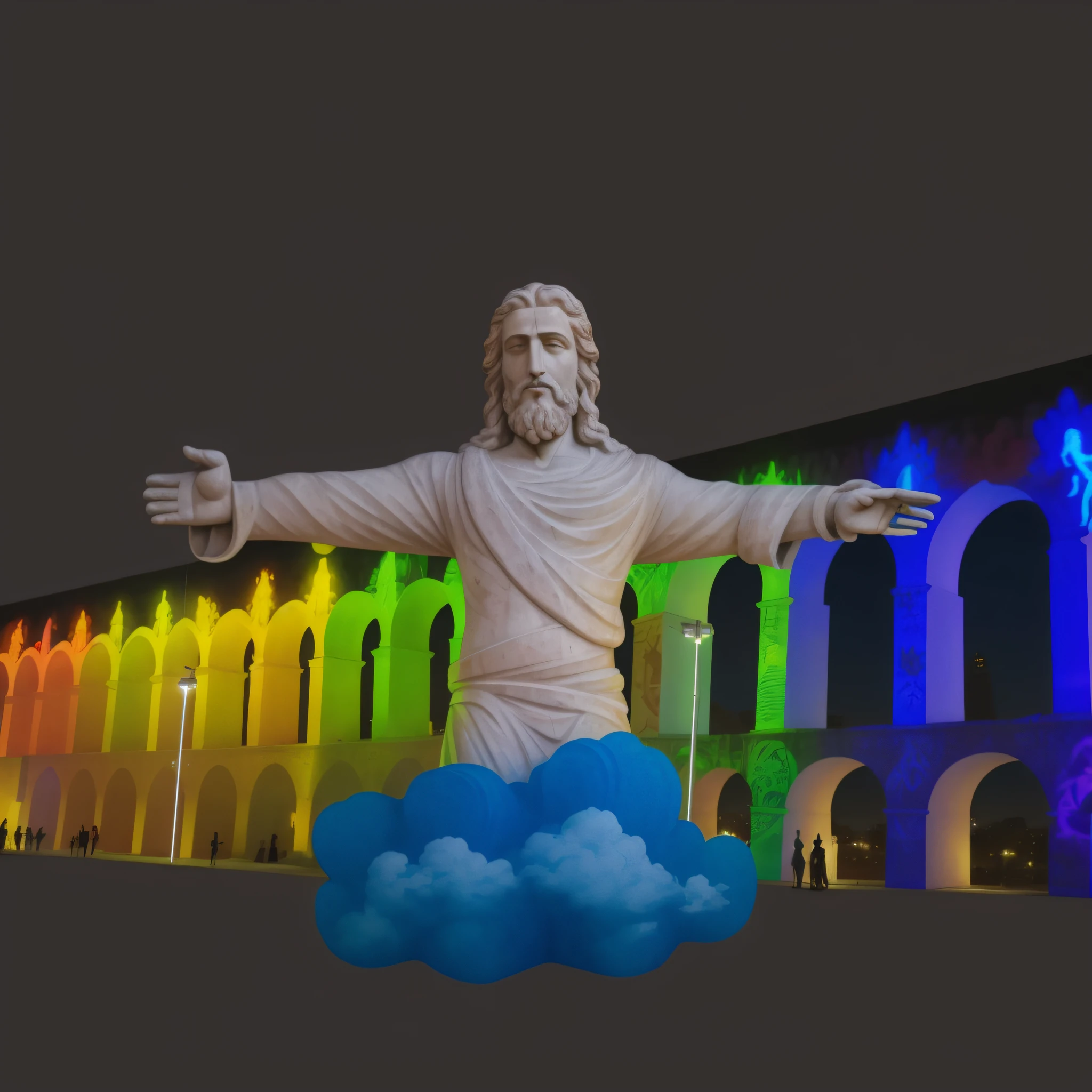 arafed image of a statue of Jesus on a cloud in front of a building, projection mapping, Building curved upwards, Christ the Redeemer, volumetric rainbow lighting, colored projections, Christ the Redeemer, lapa arches background, graffiti statue!!!, archimbolo!!!, statue, cellphone, by Veno Pilon, NPC with a saint\'s halo