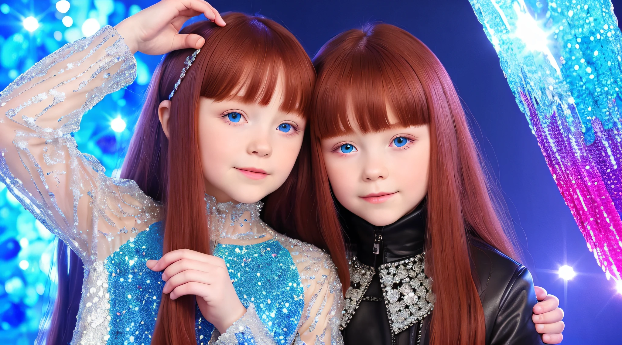 Russian children GIRLS 10 years old WITH LONG RED HAIR dark, PORTRAIT STYLE, black leather jacket that are holding a lamp, a lot of crystal crystals on a blue background, crystal fragments, crystals illuminate the scene, crystalline material, crystalline!!, crystals, blue crystal exploding, blue crystals, made of crystals, encrusted crystal, crystals and diamonds, crystal formation, crystalline, shimmering luminous crystals, beautiful crystals, crystal particles, made of crystal, crystallized