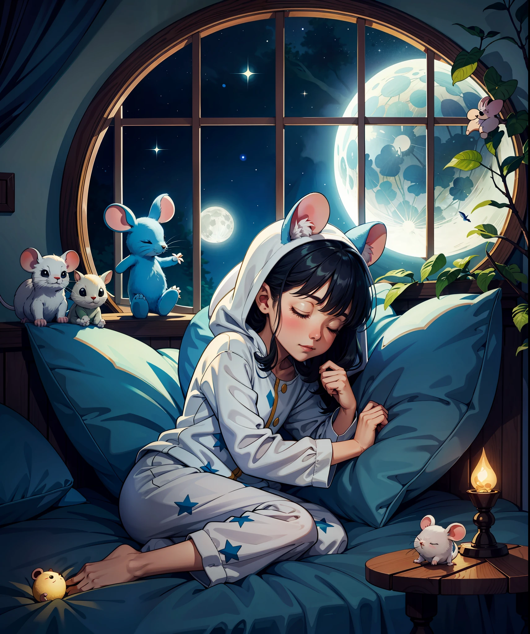 Little mouse in moon and star pajamas sleeping in front of a window in an enchanted forest at night