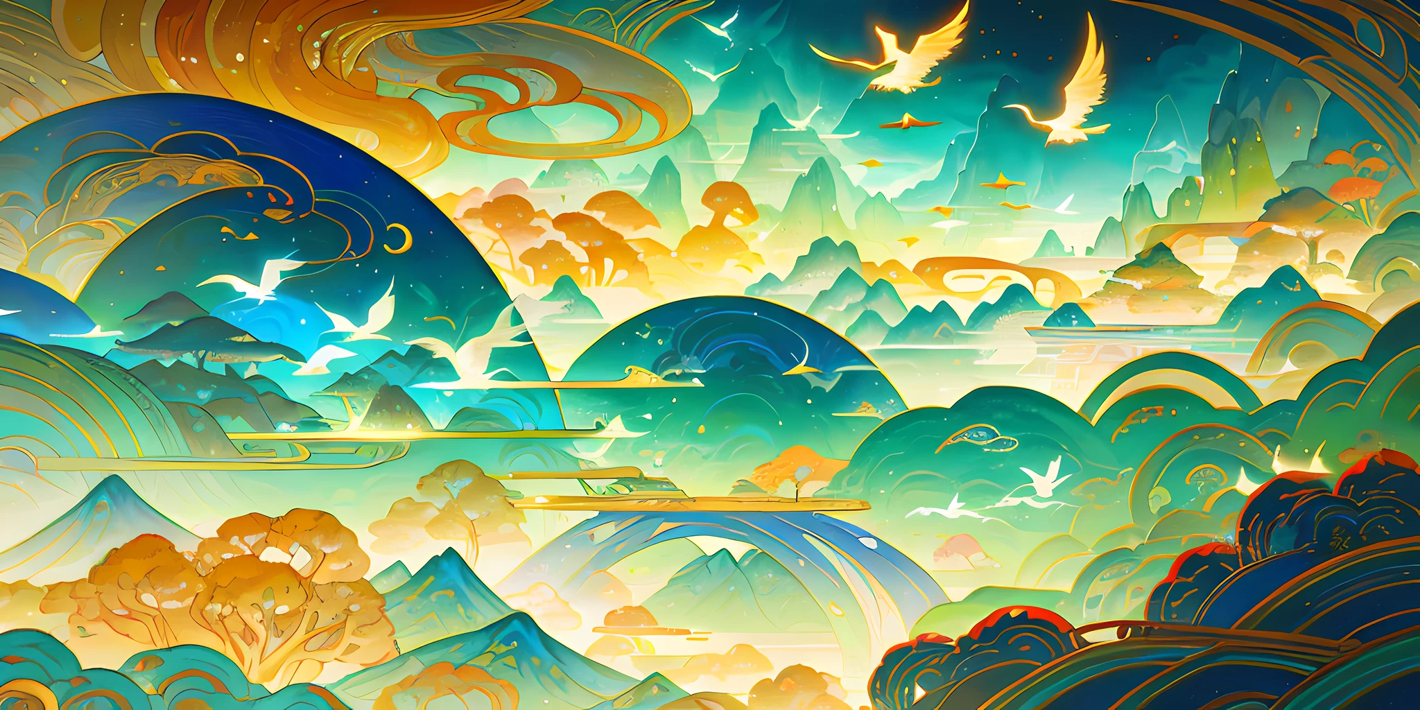 an image of an asian landscape with mountains and birds in the air, in the style of fantastical otherworldly visions, light cyan and gold, intricately mapped worlds, hyperrealistic illustrations, romanticized cityscapes, detailed character illustrations, organic shapes and curved lines, --v6