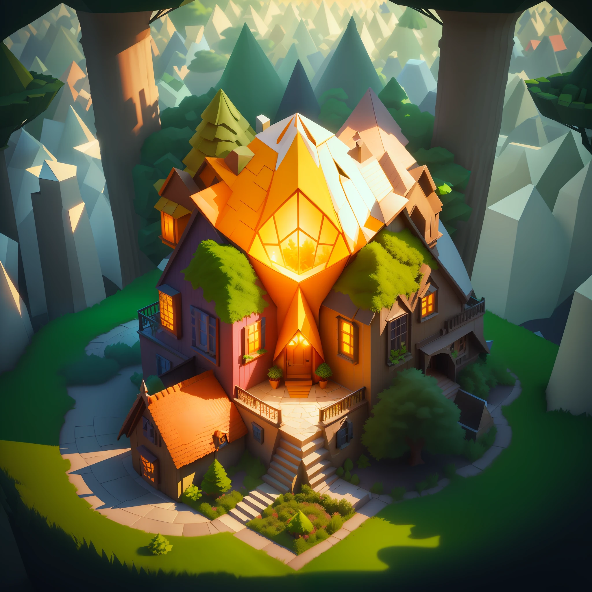 close-up of triangular cone house with tree in garden, stylized 3d rendering, flowers, stylized concept art, love, stylized game art, stars, fantasy house, isometric 3d fantasy cute house, super detailed colors Lowpoly art, stylized 3D, 3d stylized scene,