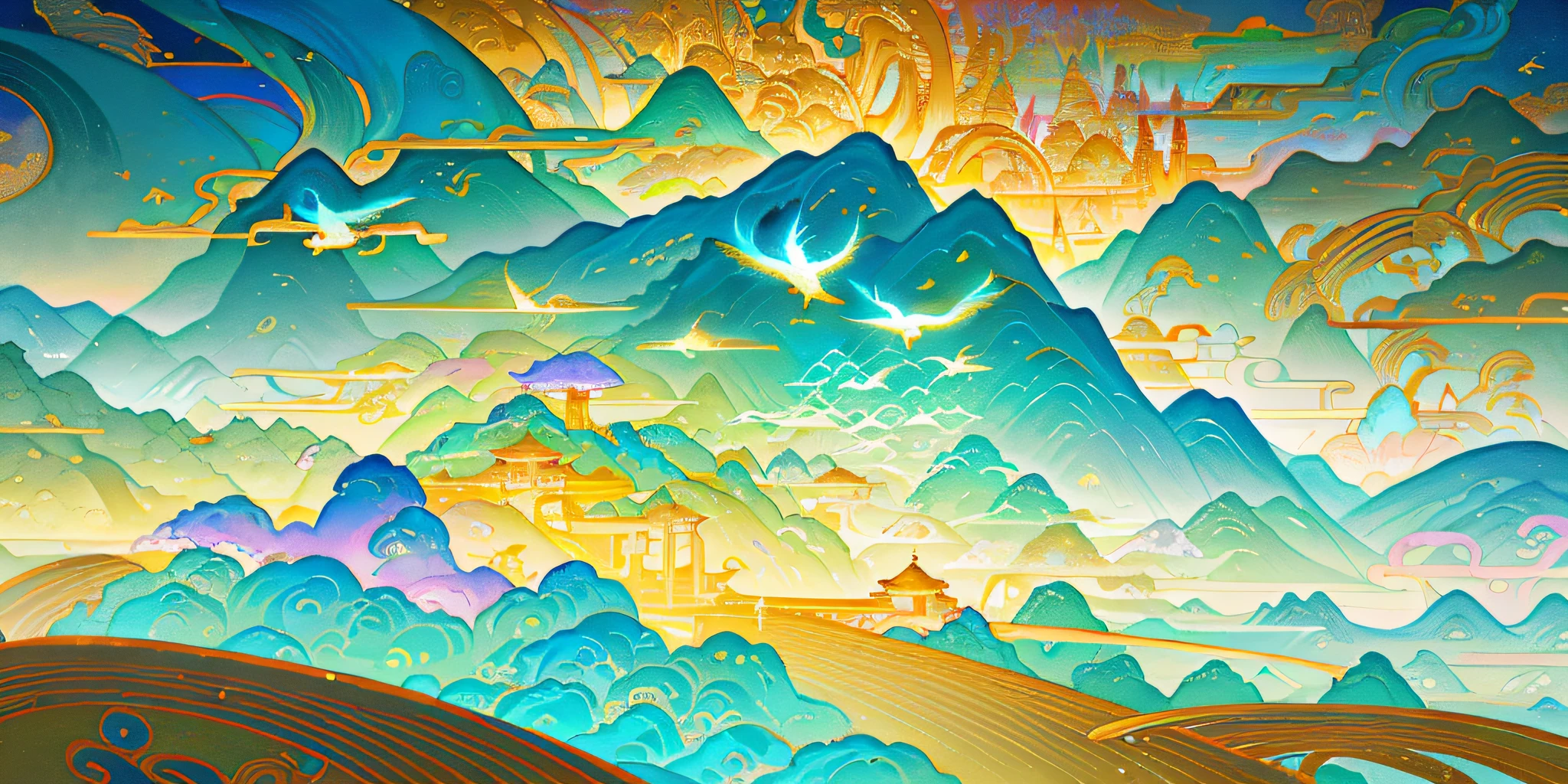 an image of an asian landscape with mountains and birds in the air, in the style of fantastical otherworldly visions, light cyan and gold, intricately mapped worlds, hyperrealistic illustrations, romanticized cityscapes, detailed character illustrations, organic shapes and curved lines, --v6