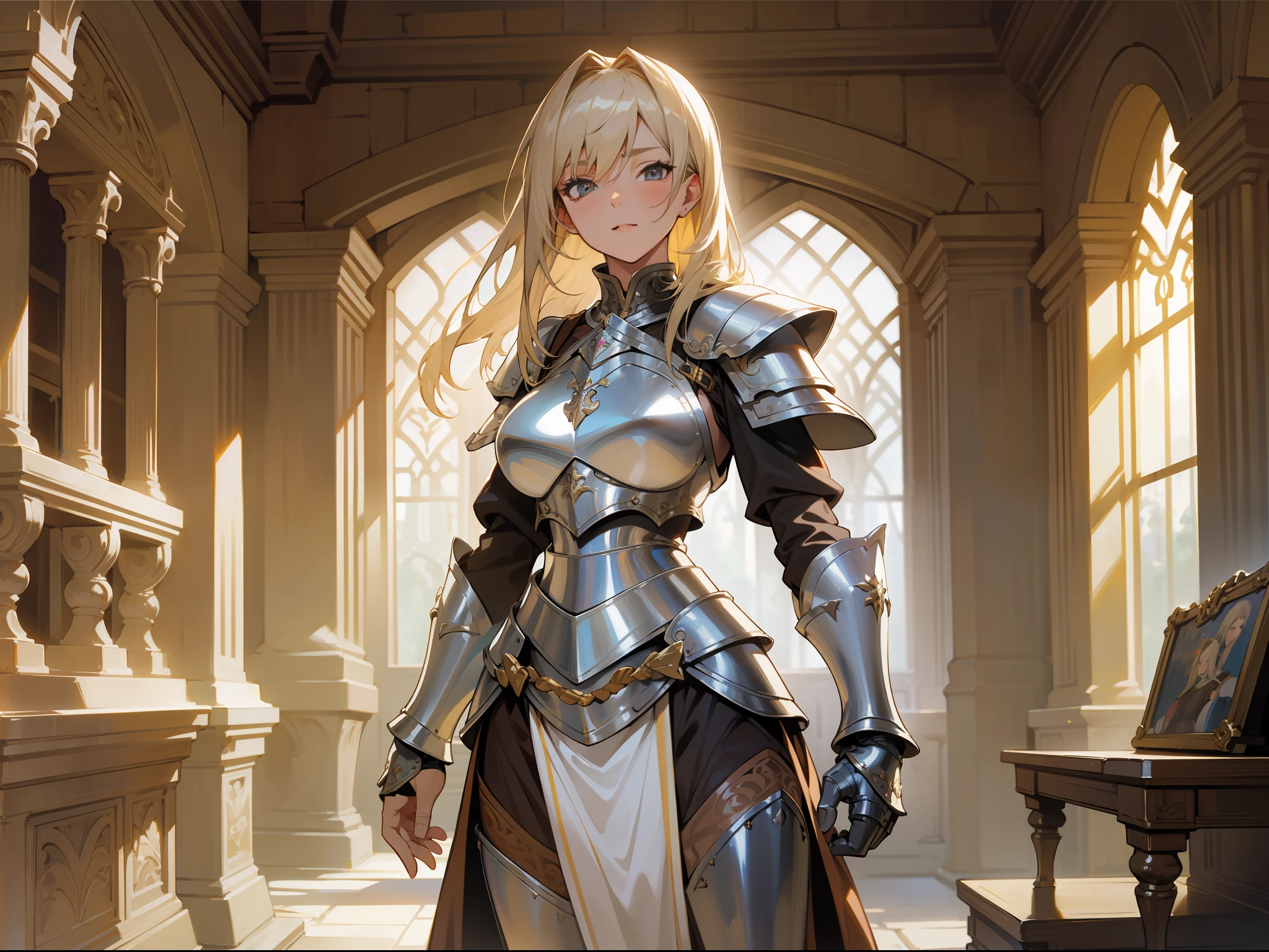 masterpiece, best quality, mature woman, warrior, light blonde hair, brown clothing, silver pectoral armor, silver shin guard, fantasy, medieval, in a dungeon, dynamic pose, beautiful detailed glow.