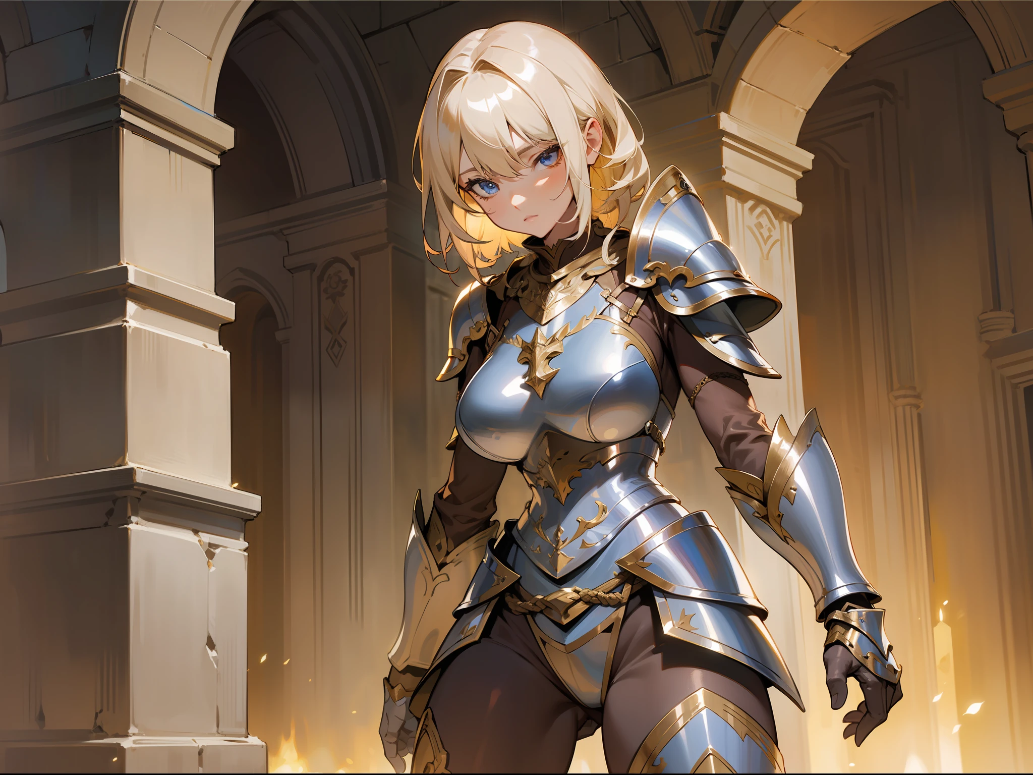 masterpiece, best quality, mature woman, warrior, light blonde hair, brown clothing, silver pectoral armor, silver shin guard, fantasy, medieval, in a dungeon, dynamic pose, beautiful detailed glow.