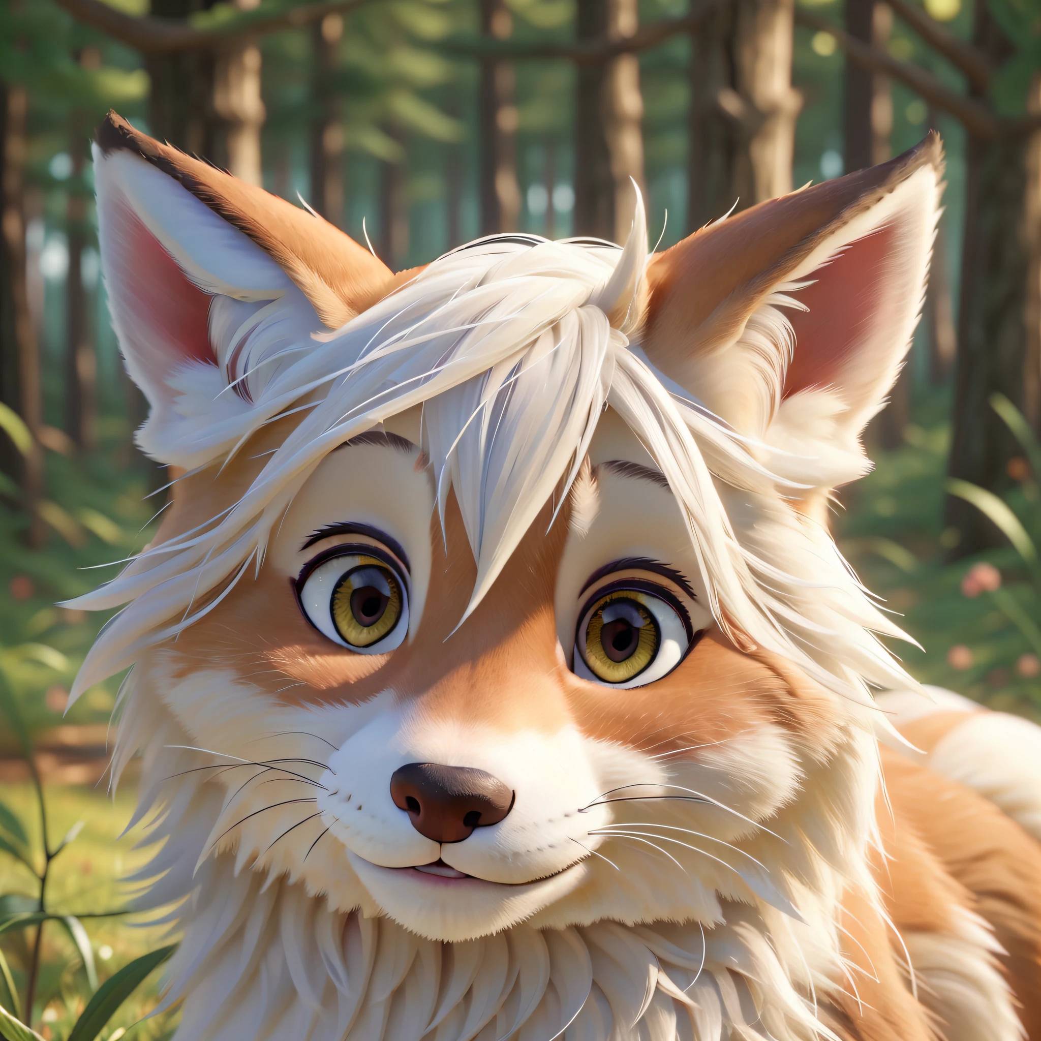 Masterpiece, best quality, close-up of a young fox, close-up, background forest, pure white hair, pure white all over, perfect details, perfect painting --s2